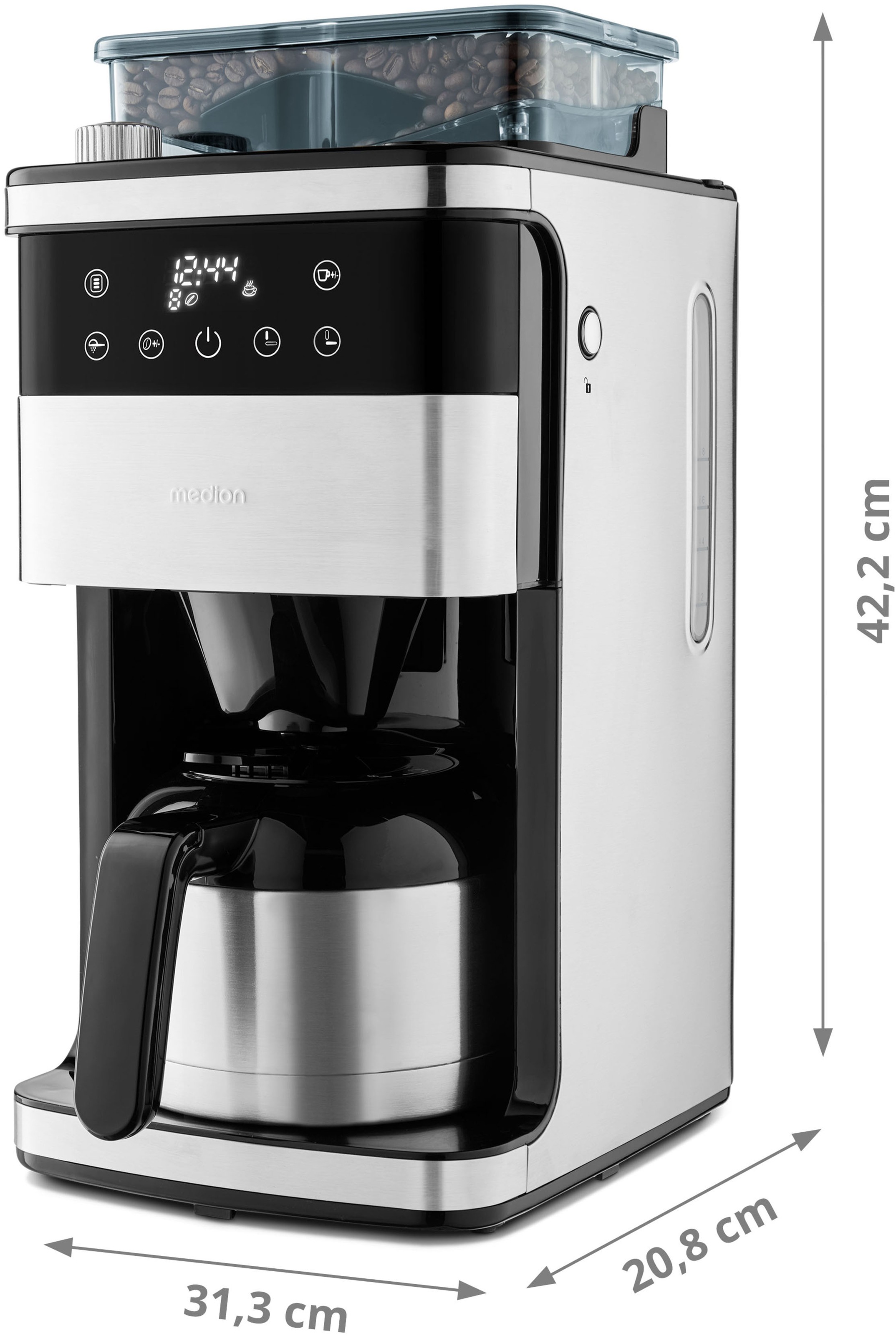 Medion® Filterkaffeemaschine »MD 19911, 8 Mahlstufen, 1 L Wassertank, Thermoskanne, Timerfunktion«, Permanentfilter, Tropfstopp, automatische Abschaltung