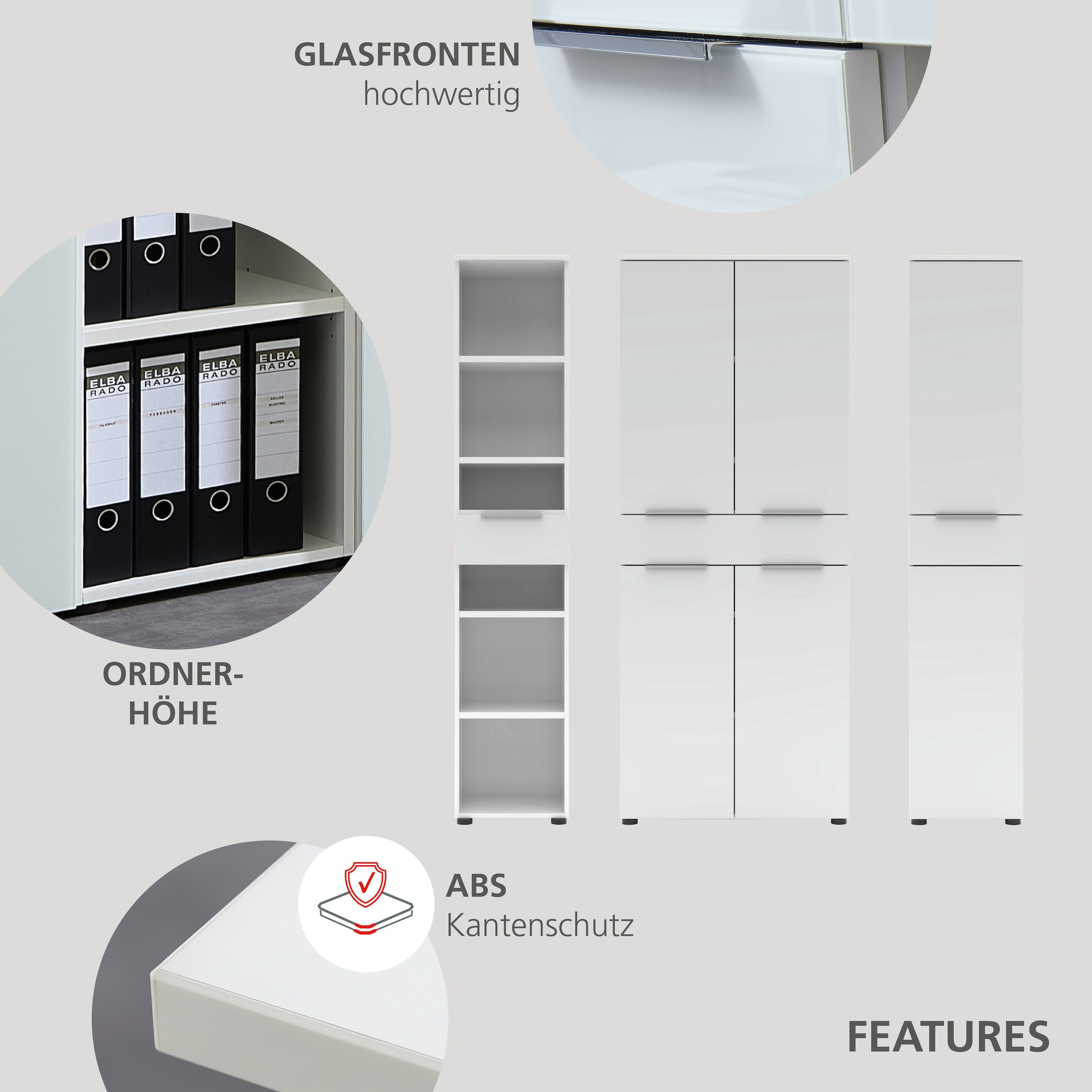 Innostyle Aktenschrank »Büroschrank Santorin, 80/198/38 cm ( B/H/T)« 1 Stk. tlg. 4 türig, 1 Schubkasten, Softclose, Klarglas, ABS Schutzkante