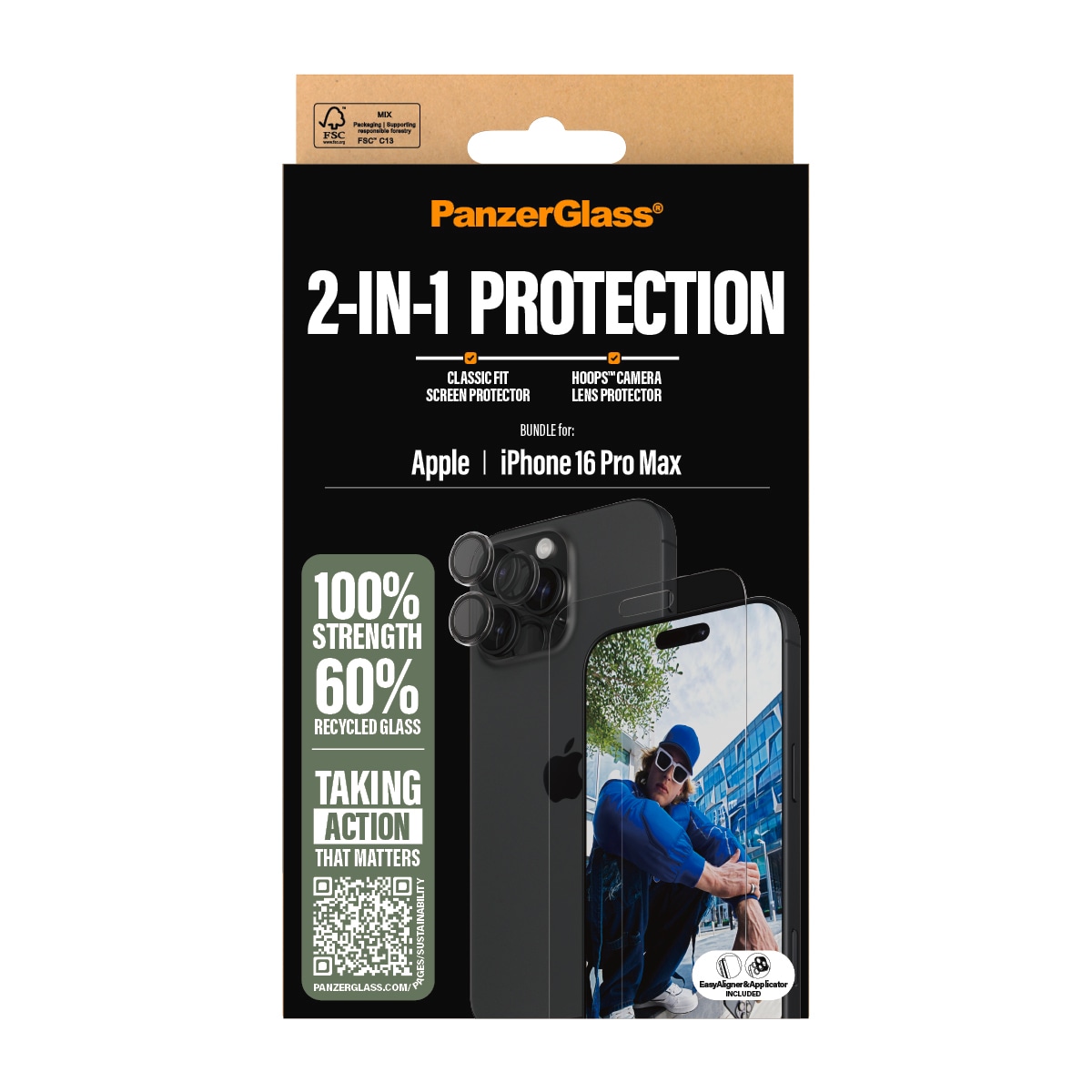 PanzerGlass Displayschutzglas »2-in-1 Protection, Glass, Lens Protector« für Apple iPhone 16 Pro Max Displayschutzfolie, Schutzfolie, Bildschirmschutz, kratz- & stoßfest