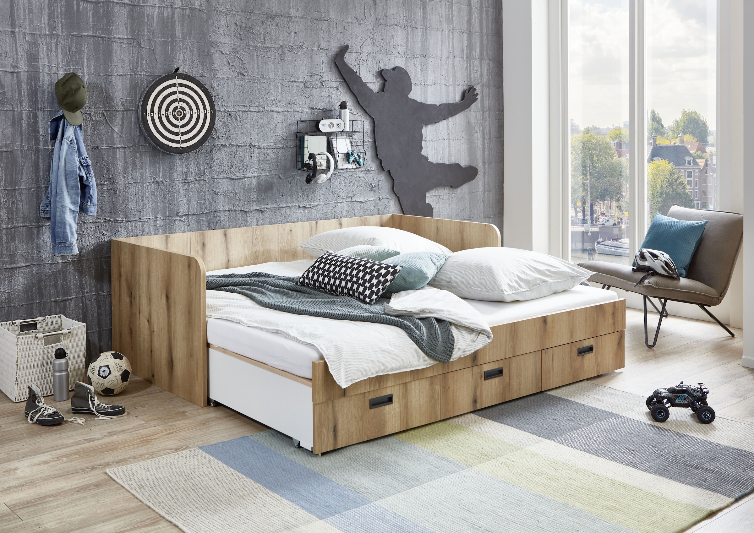 Relita Einzelbett, ausziehbar auf 180x200 cm, 3 Schubladen, mit Lattenrost, 2 Farben