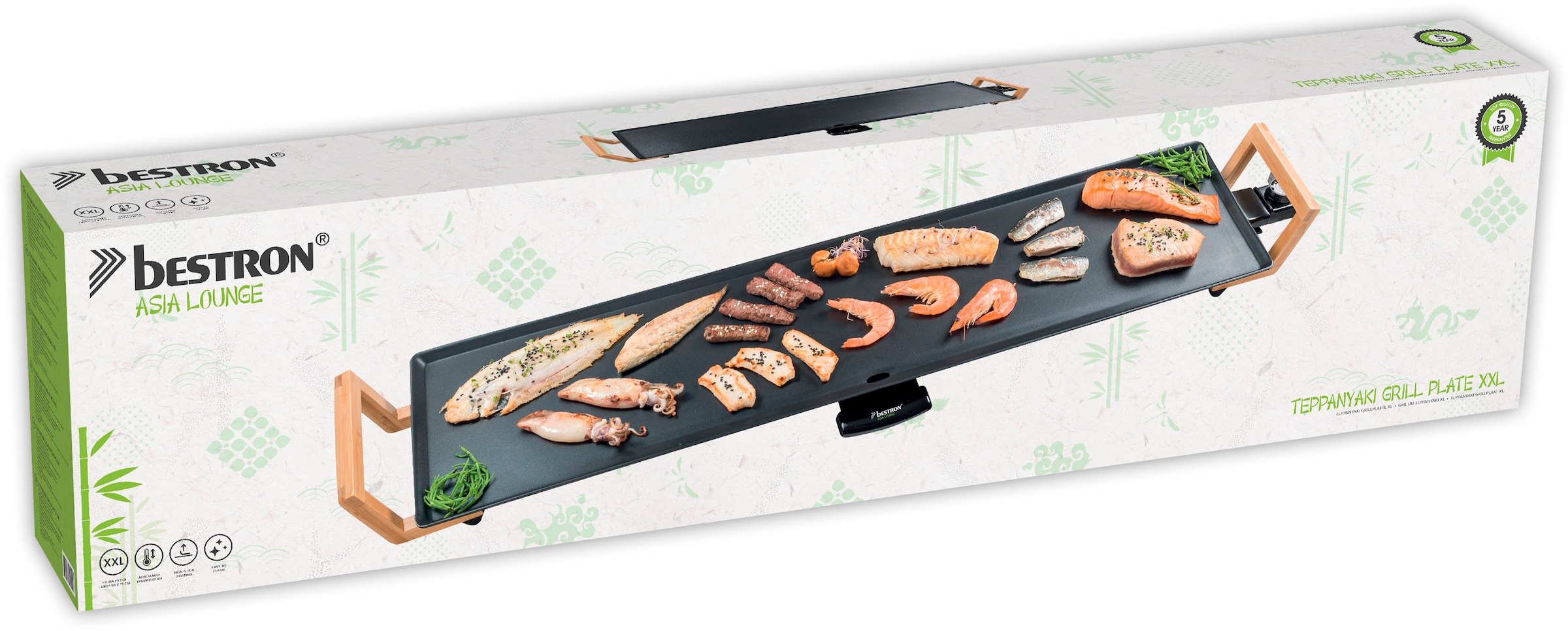 bestron Tischgrill »Asia Lounge«, 1800 W, Teppanyaki Grillplatte XXL im Asia Design, mit Bambus-Griffen