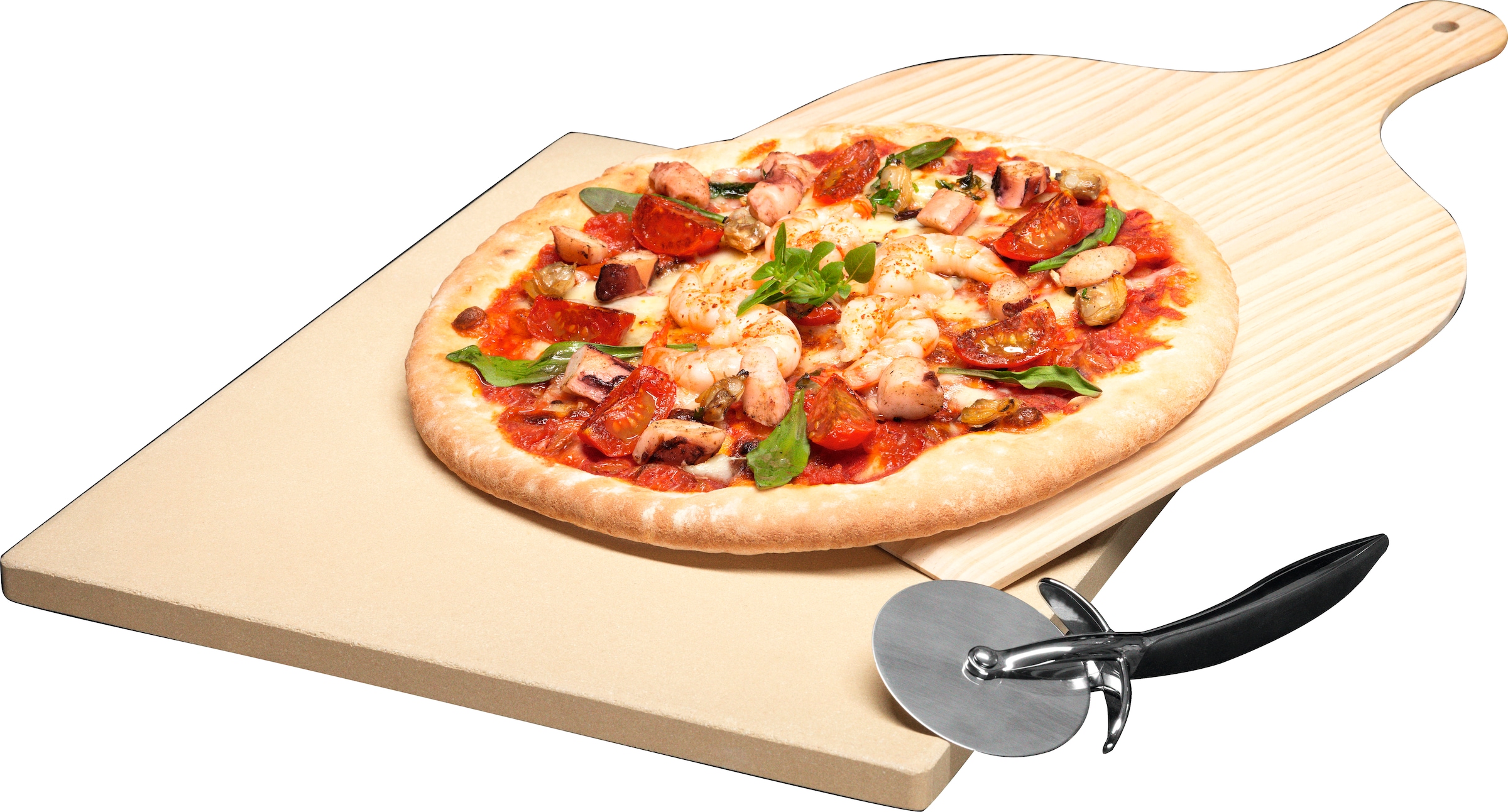 AEG Pizzastein »A9OZPS1«, Schamottstein, (Set, 3 St., Pizza Set bestehend aus Pizza Stein, Holzbrett, Schneidewerkzeug)