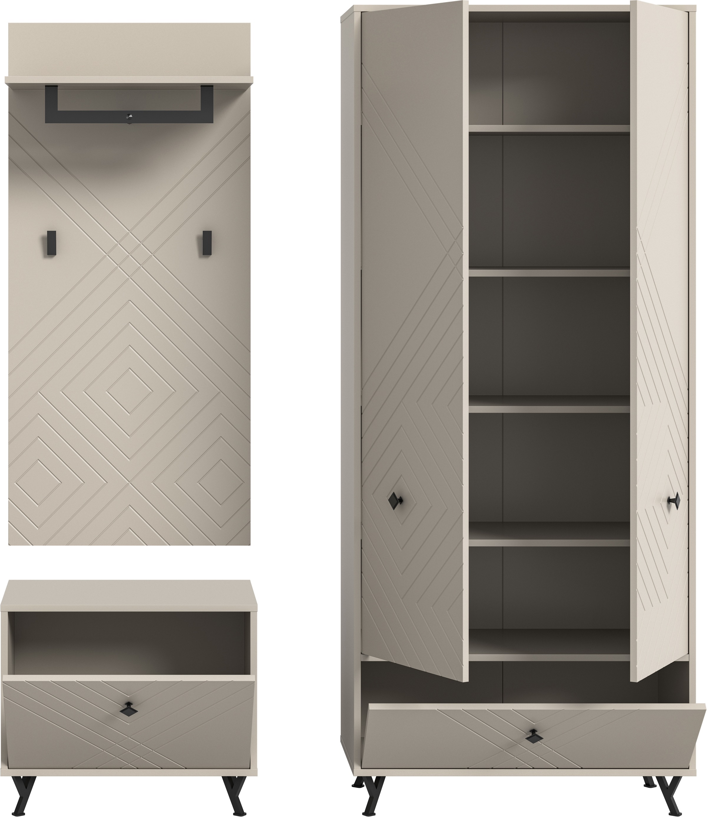 INOSIGN Garderoben-Set »Mento, 3-teilig, Ornamentfräsung in der Front, bestehend aus:«, (Set, 3 St.), Sitzbank, Garderobenpaneel & Garderobenschrank, Metall Griffe & Füße