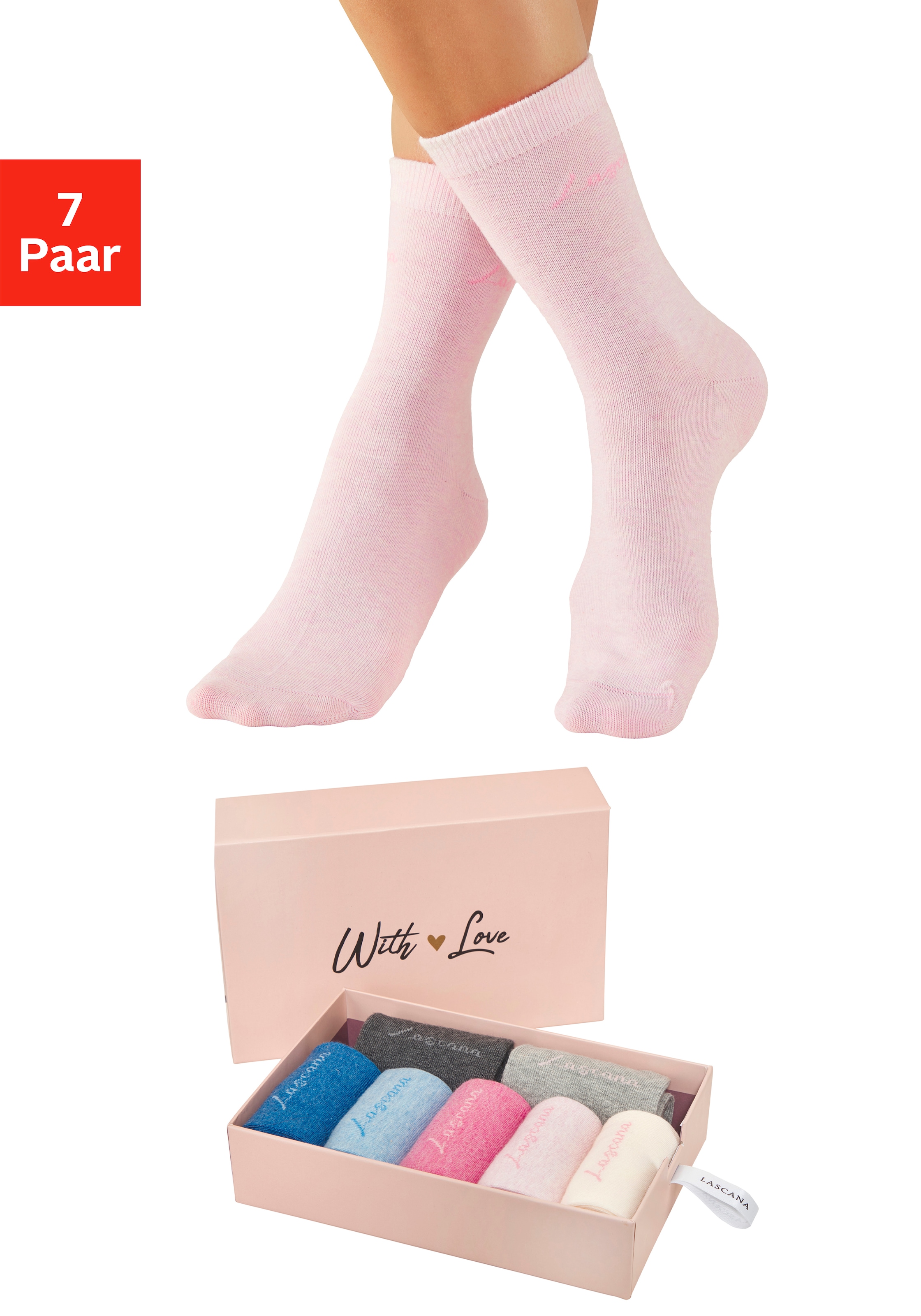 LASCANA Basicsocken »für Damen mit eingestricktem Markenlogo« Box, 7 Stk. tlg. in ansprechender Geschenkbox