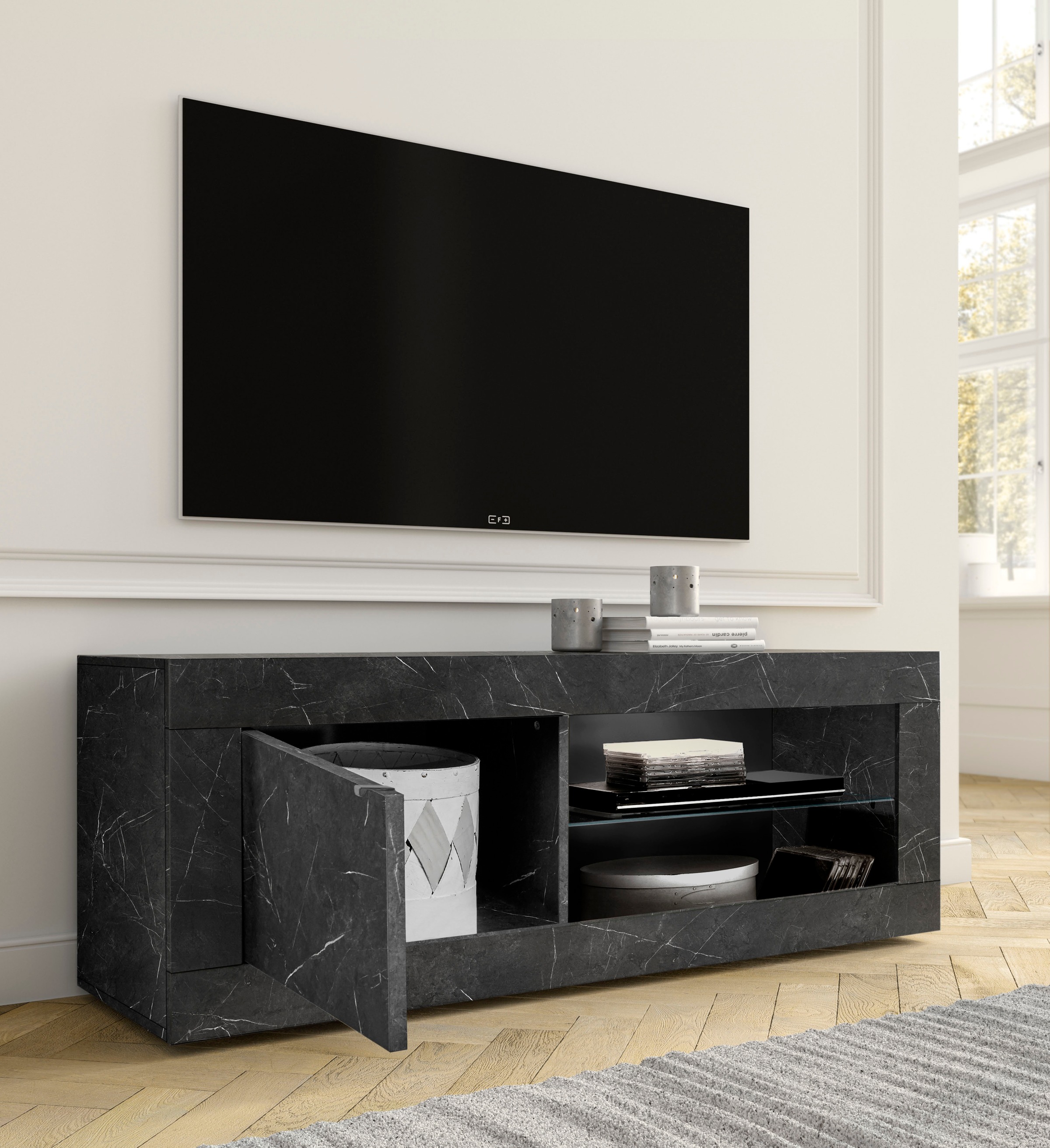 INOSIGN Lowboard »Basic Breite 140 cm, TV-Board 1 Tür, 2 offene Fächer (Glasboden),«, TV-Kommode, Metallgriff, moderne Rahmenoptik, Farbauswahl