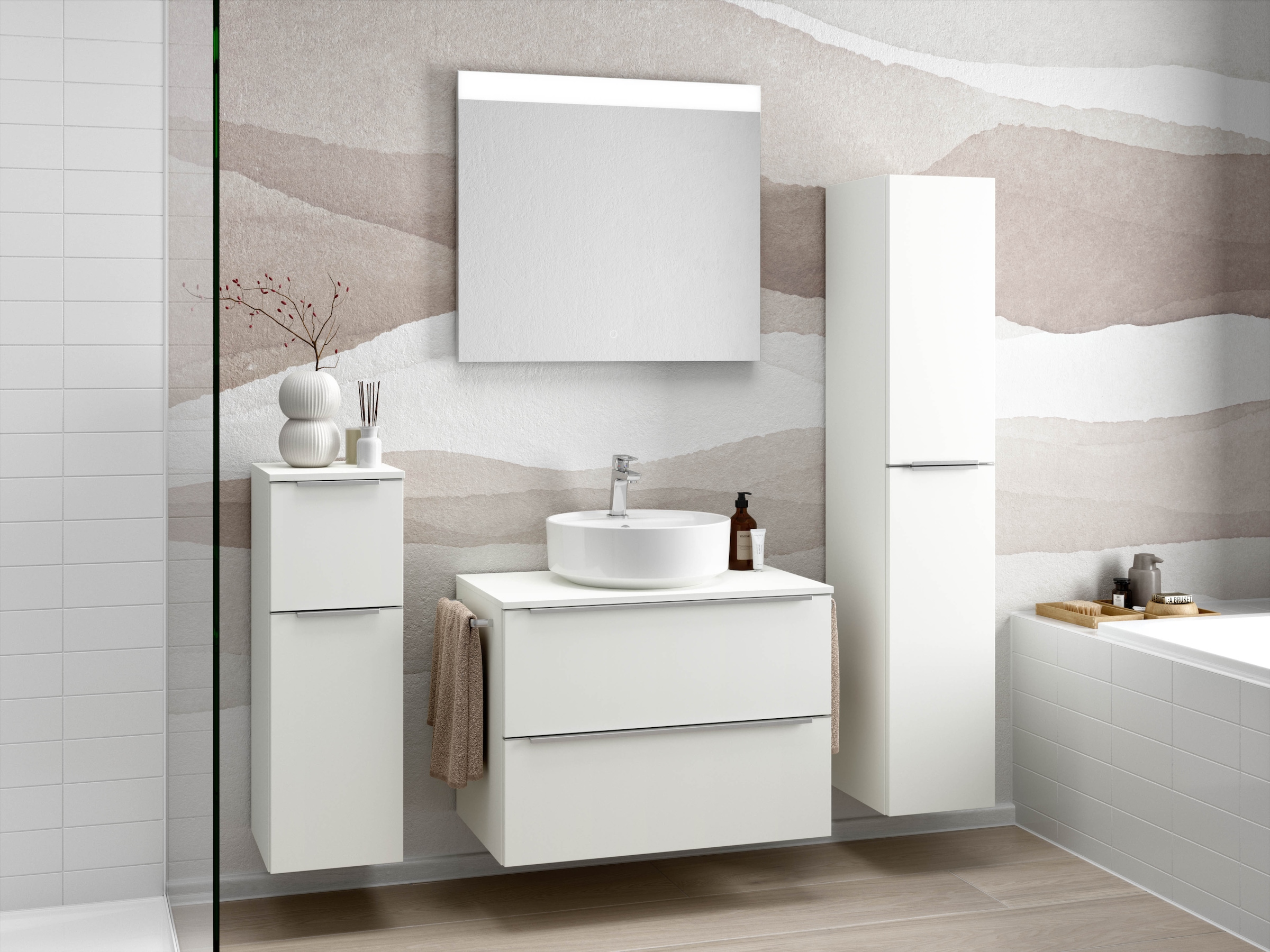 nobilia® Badmöbel-Set »Alvene«, (2 St., vormontiert, mit Soft-Close), inkl. Spiegel mit Touch-Sensor, in vier Breiten