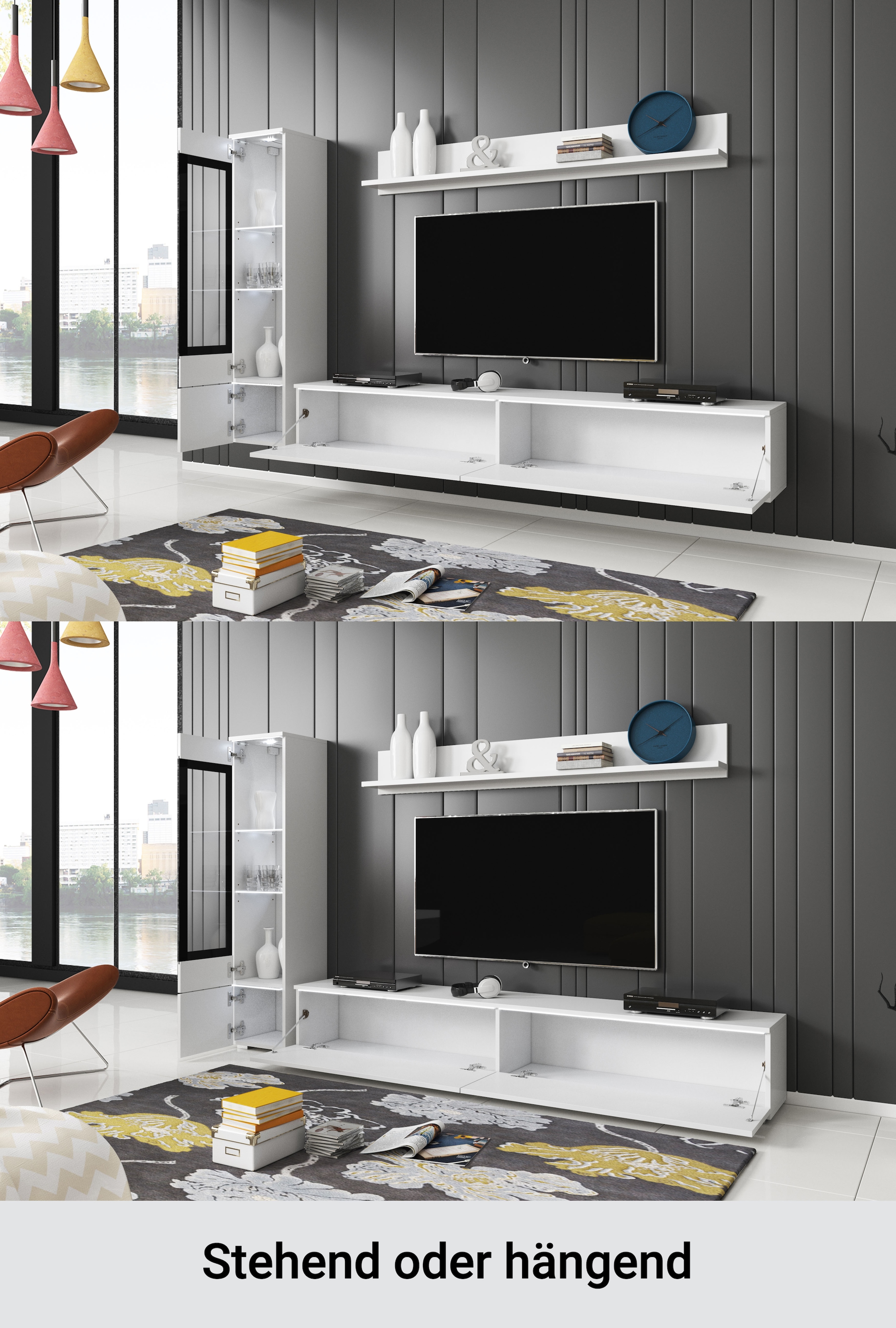 INOSIGN Wohnwand »VERA I, Vitrinen Türanschlag links/rechts wechselbar«, (Komplett-Set, 3 St.), Mediawand 230 cm, Vitrine mit Verglasung, stehend und hängend