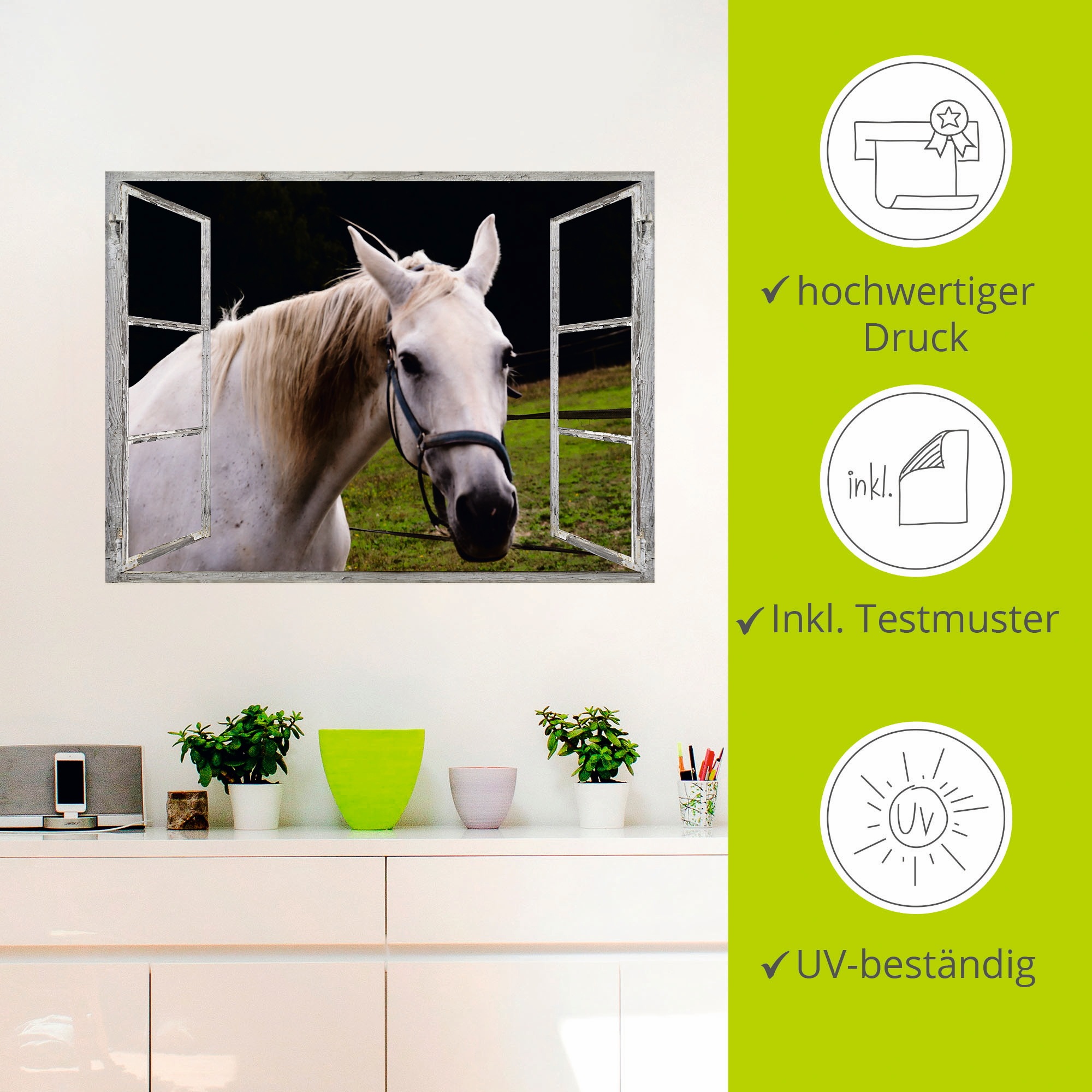 Artland Wandfolie »Fensterblick - weisses Pferd«, Haustiere, (1 St.), selbstklebend