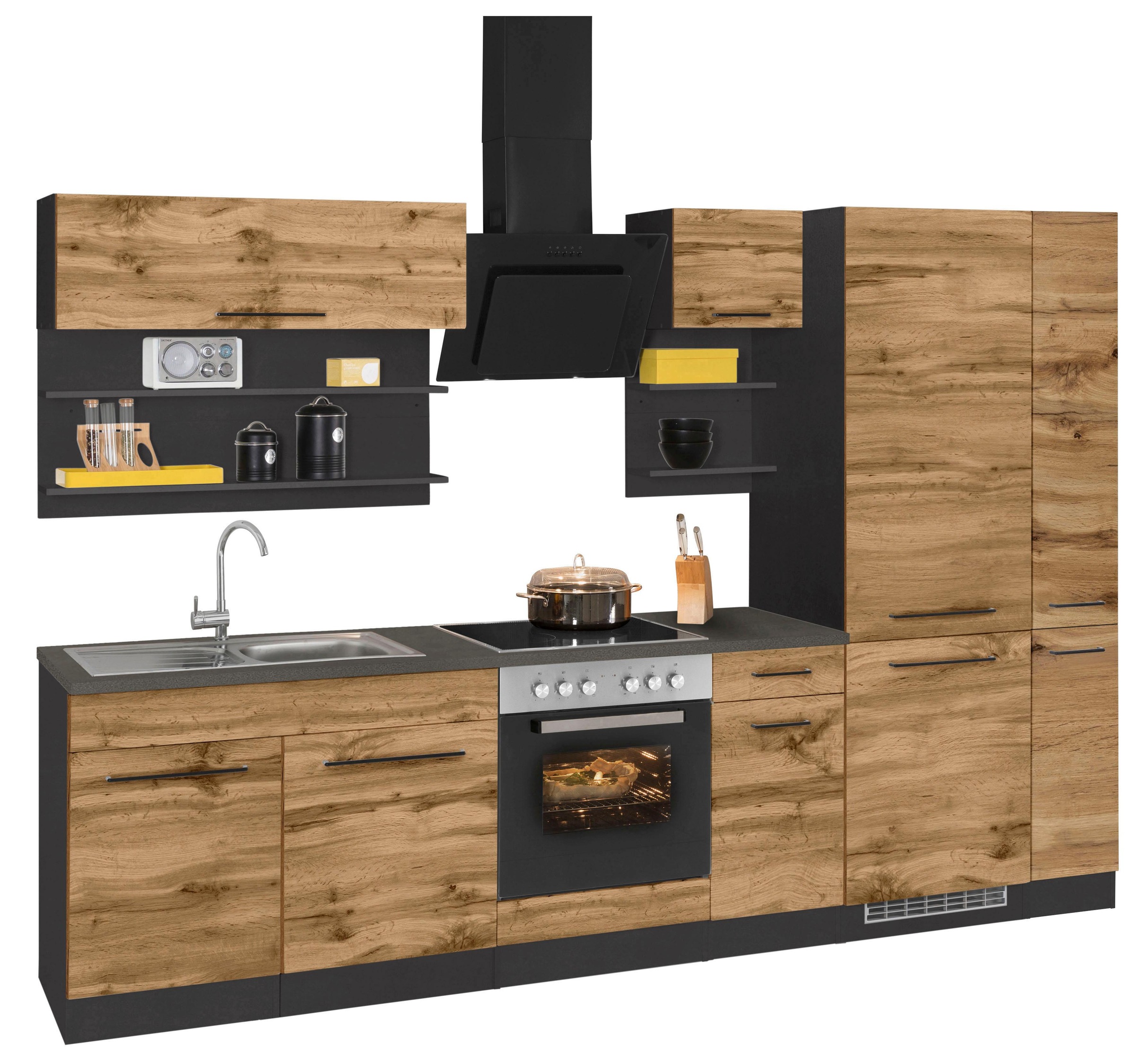 KOCHSTATION Küchenzeile »KS-Tulsa«, mit E-Geräten, Breite 300 cm, schwarze Metallgriffe, MDF Fronten
