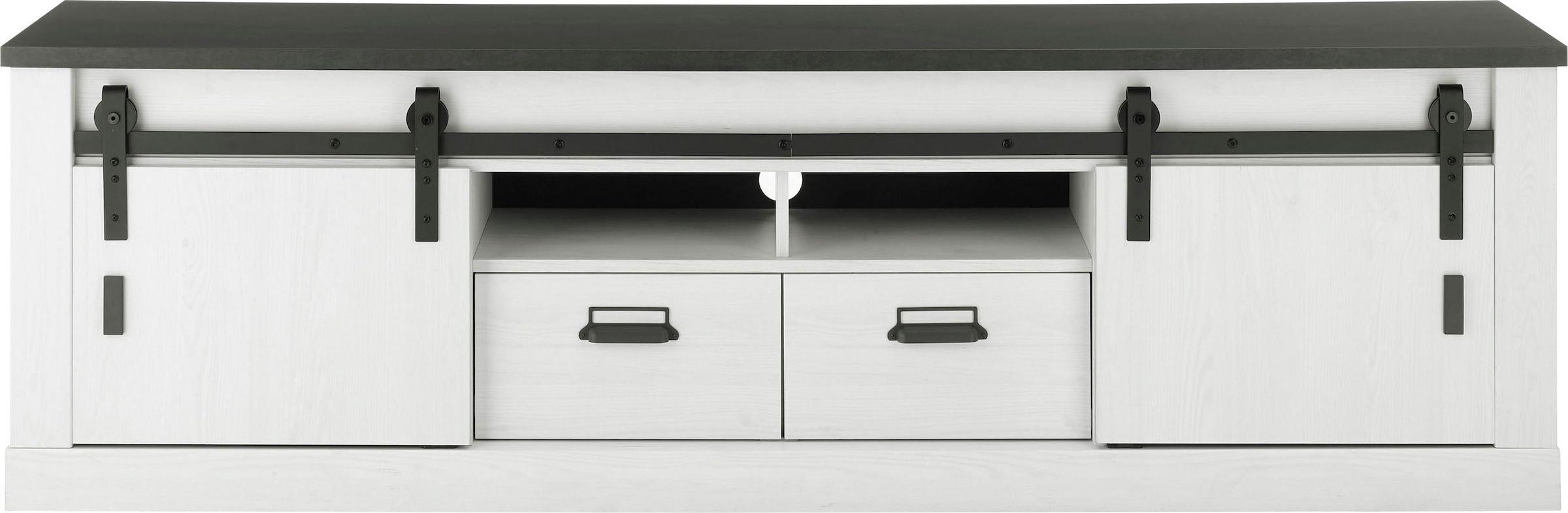 Home affaire Lowboard »SHERWOOD«, modernes Holz Dekor, mit Scheunentorbeschlag aus Metall, Breite 201 cm