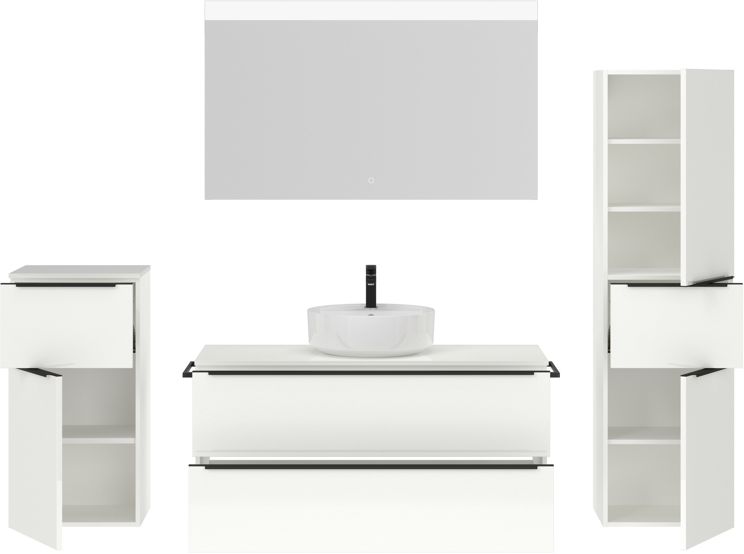 nobilia® Badmöbel-Set »Alvene«, (4 St., vormontiert, mit Soft-Close), Hochglanz, inkl. Spiegel mit Touch-Sensor, in vier Breiten