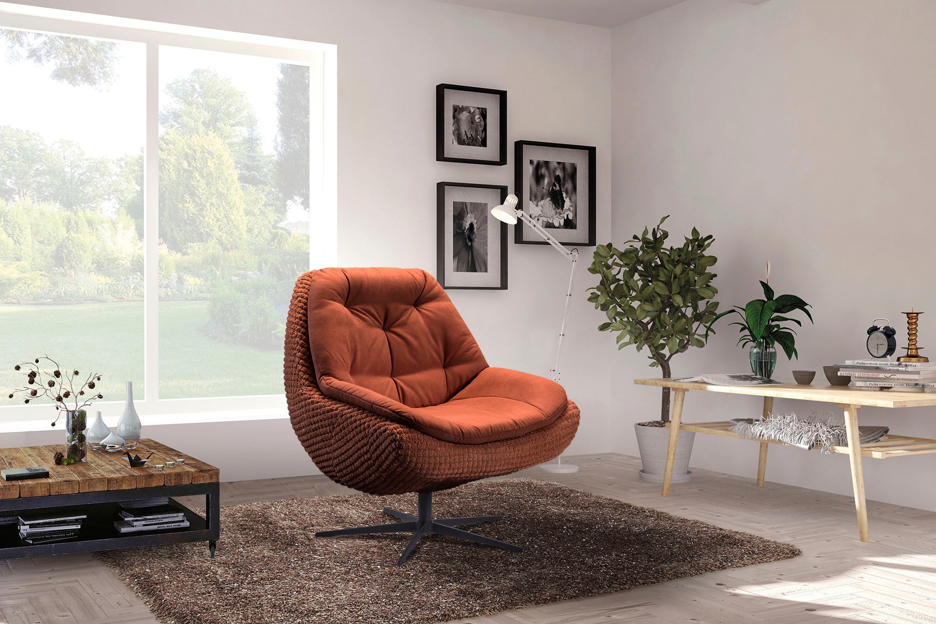 exxpo - sofa fashion Drehsessel »Dim, Loungesessel im Materialmix, Design und Komfort, Solitärmöbel«, Drehsessel bequem gepolstert mit elegantem Metall-Sternfuss