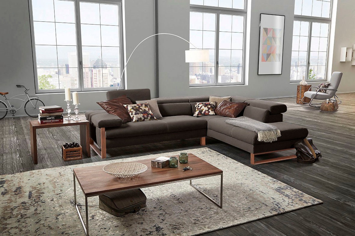 W.SCHILLIG Ecksofa »finn, Designsofa mit tollem Sitzkomfort, bequem, L-Form«, German Design Award 2016, Fußgestell Nussbaum natur, Breite 281 cm