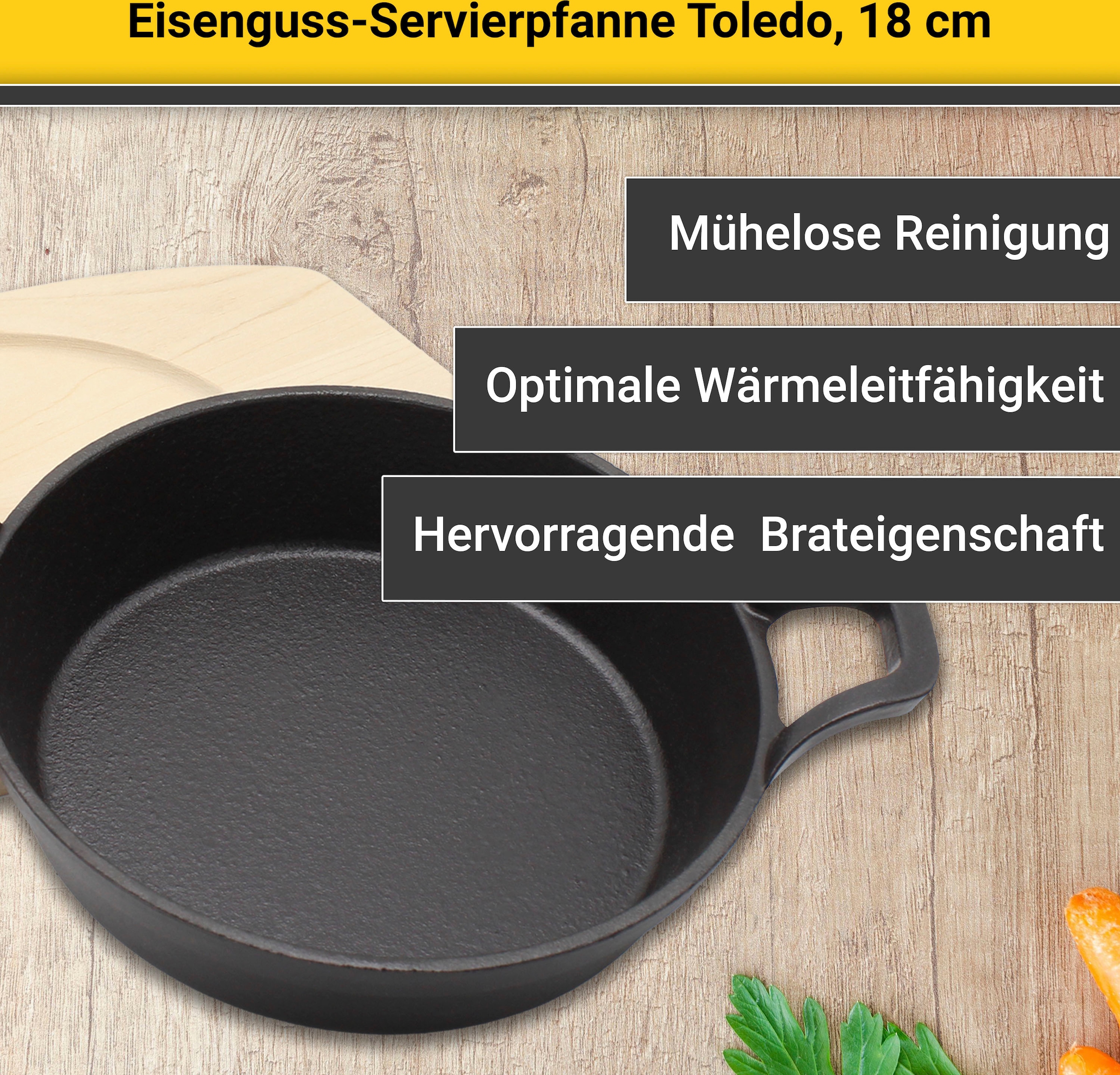 Krüger Servierpfanne »Eisenguss Brat- und Servierpfanne mit Holzteller TOLEDO, 18 cm«, Gusseisen, (1 tlg.), für Induktions-Kochfelder geeignet