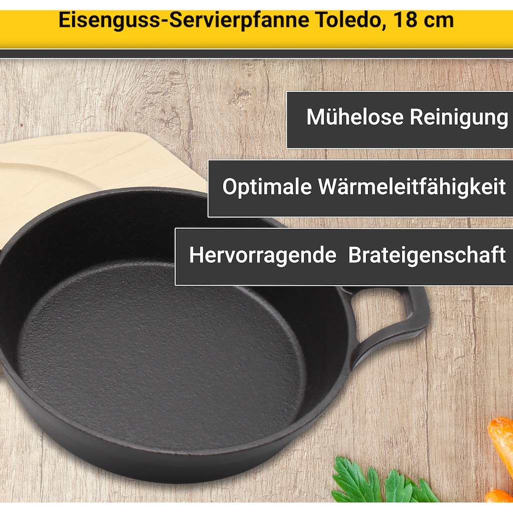 Krüger Servierpfanne »Eisenguss Brat- und Servierpfanne mit Holzteller TOLEDO, 18 cm«, Gusseisen, (1 tlg.)