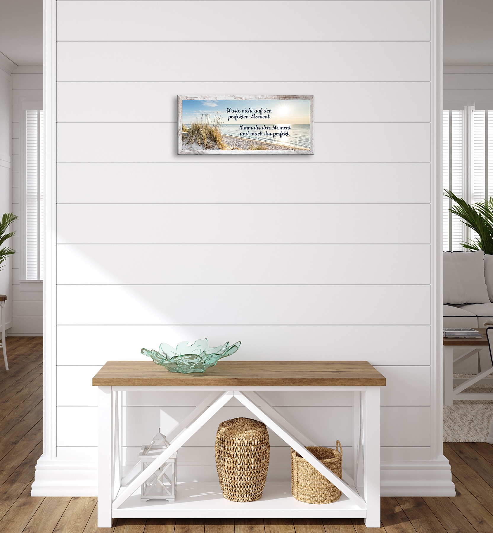 Bönninghoff Bild mit Rahmen »Wandbild gerahmt STRAND MIT SPRUCH MOMENT 23x49 cm – Natur Wanddeko« Bilder vom Sonnenuntergang & -aufgang | Sprüche | Sprüche & Texte | Strand 1 Stk. tlg. mit dekorativem Rahmen