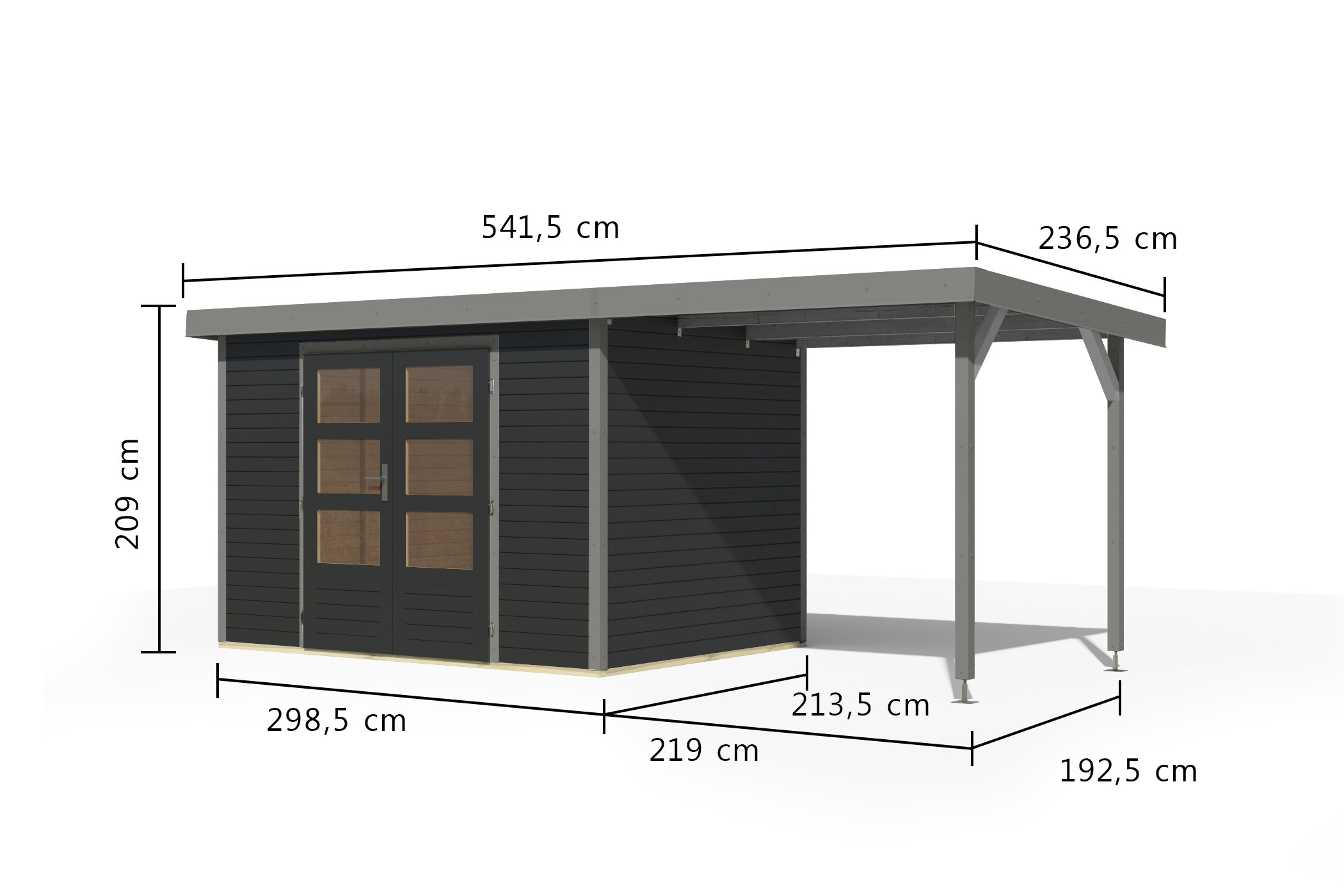 Karibu Gartenhaus »"Jupiter 4 C" SET anthrazit, mit Anbaudach 2,35 m breit«, hochwertige Materialien: nordische Fichte, Stahlecken, Trapezblechdach