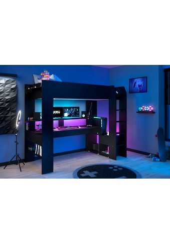 Hochbett »Gaming-Bett, mit Schreibtisch, USB Anschluss, LED, viel Stauraum«, ideal für...