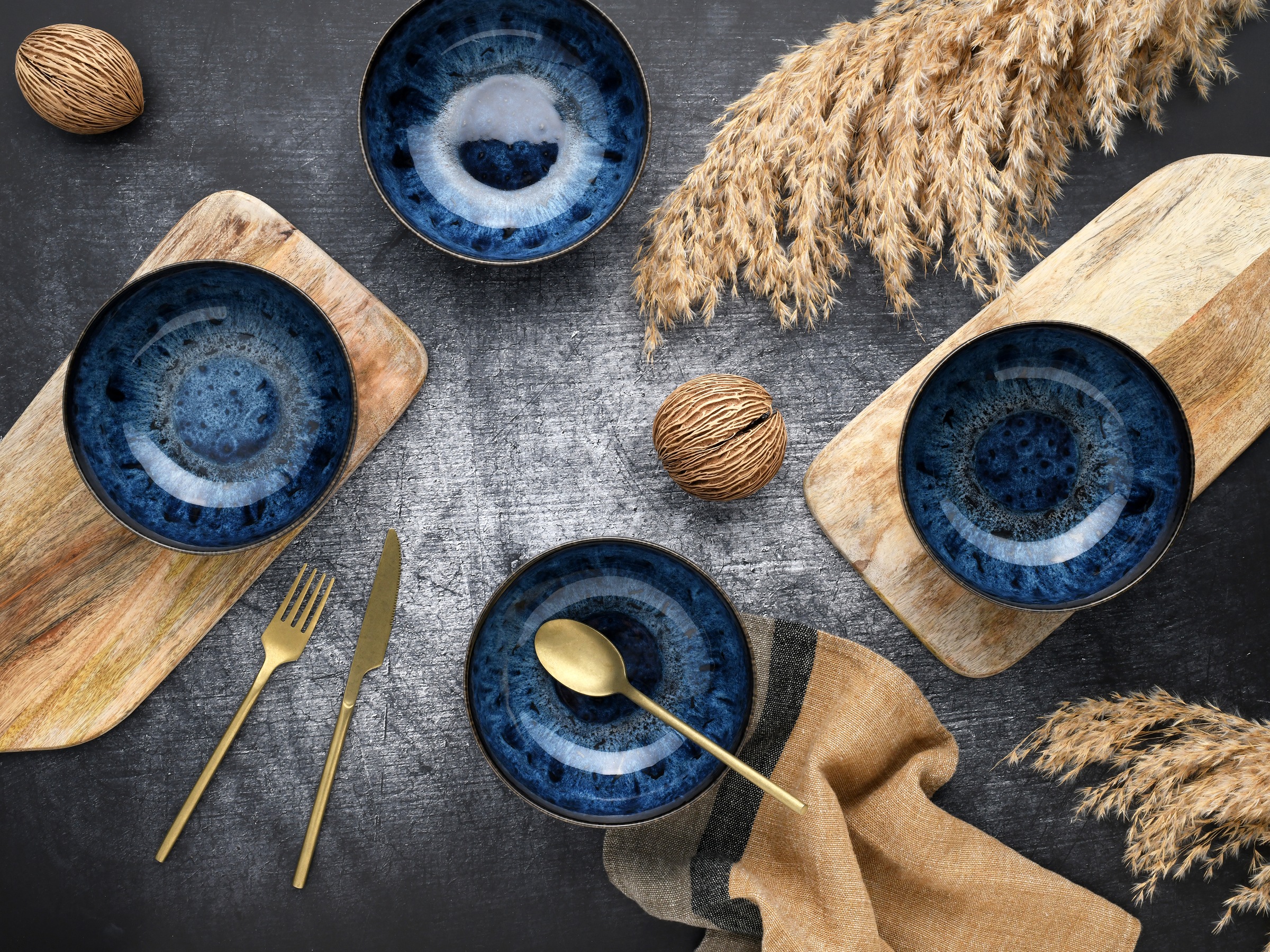 CreaTable Schüssel »Allround Magic Blue, Buddha Bowl, 4-tlg.« 4 aus Steinzeug Moderne Coupeform, Reaktivglasur