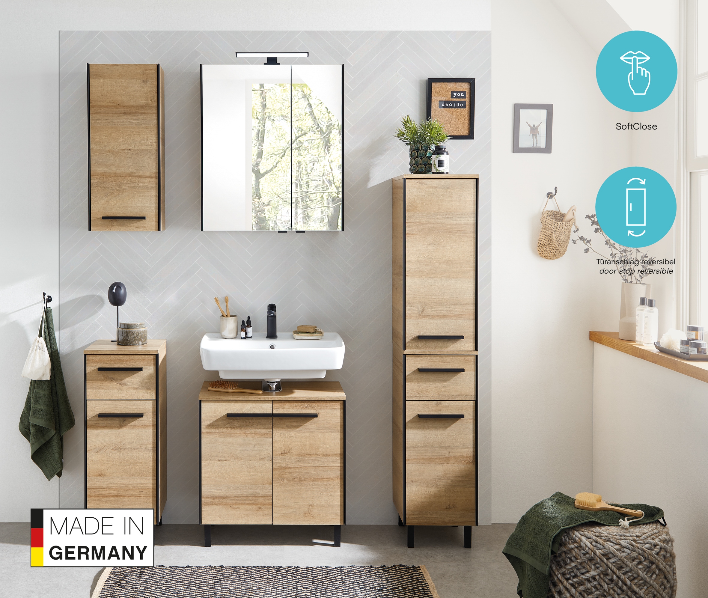 Saphir Hängeschrank »Quickset 395 Wand-Badschrank 30 cm breit mit 1 Tür und 2 Einlegeböden« Badezimmer-Hängeschrank inkl. Türdämpfer, Griffe in Schwarz