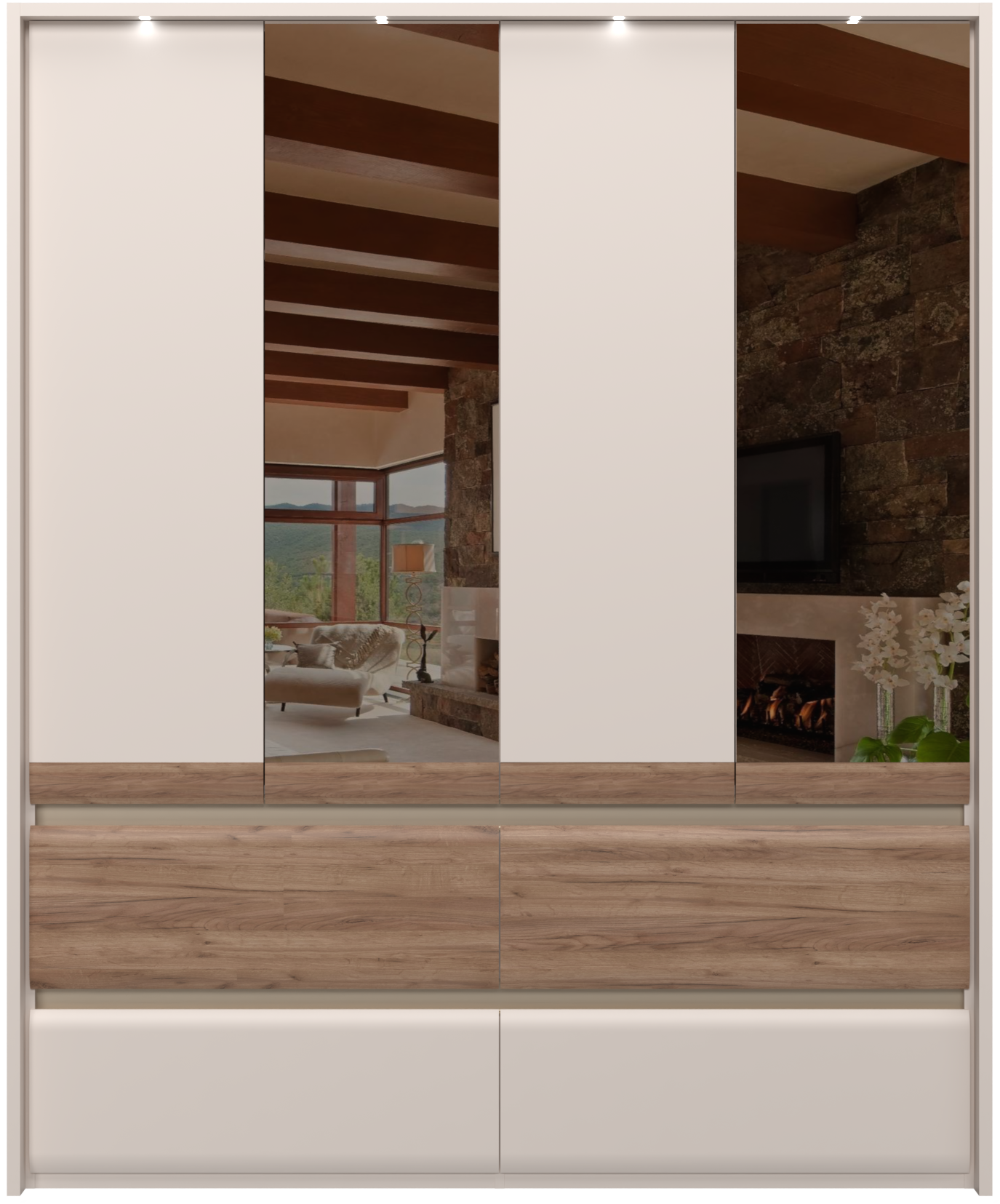 Places of Style Kleiderschrank »Invictus, UV lackiert, FSC-zertifiziert, grifflose Optik«, (abgerundete Schubladen aus MDF im Holzdekor, soft-close), mit Beleuchtung und Spiegel, in 4 Breiten, hoher Schrank (226cm)