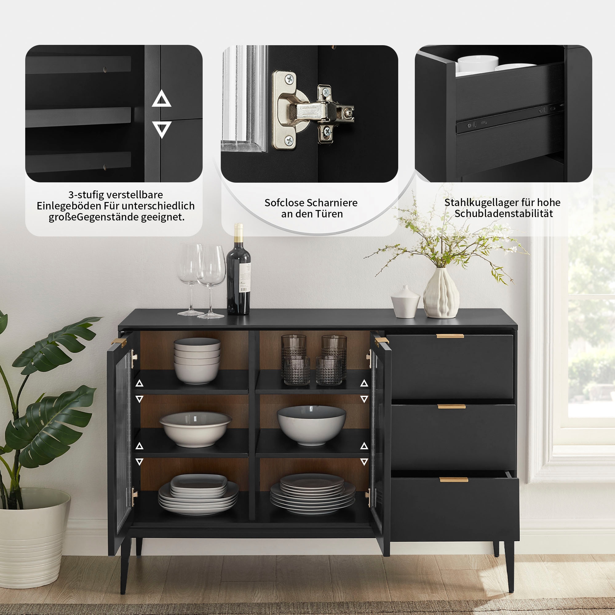 Leonique Sideboard »Lavisha« FSC-zertifiziertes Holz kombiniert Melamin, verchromten Metallgriffen