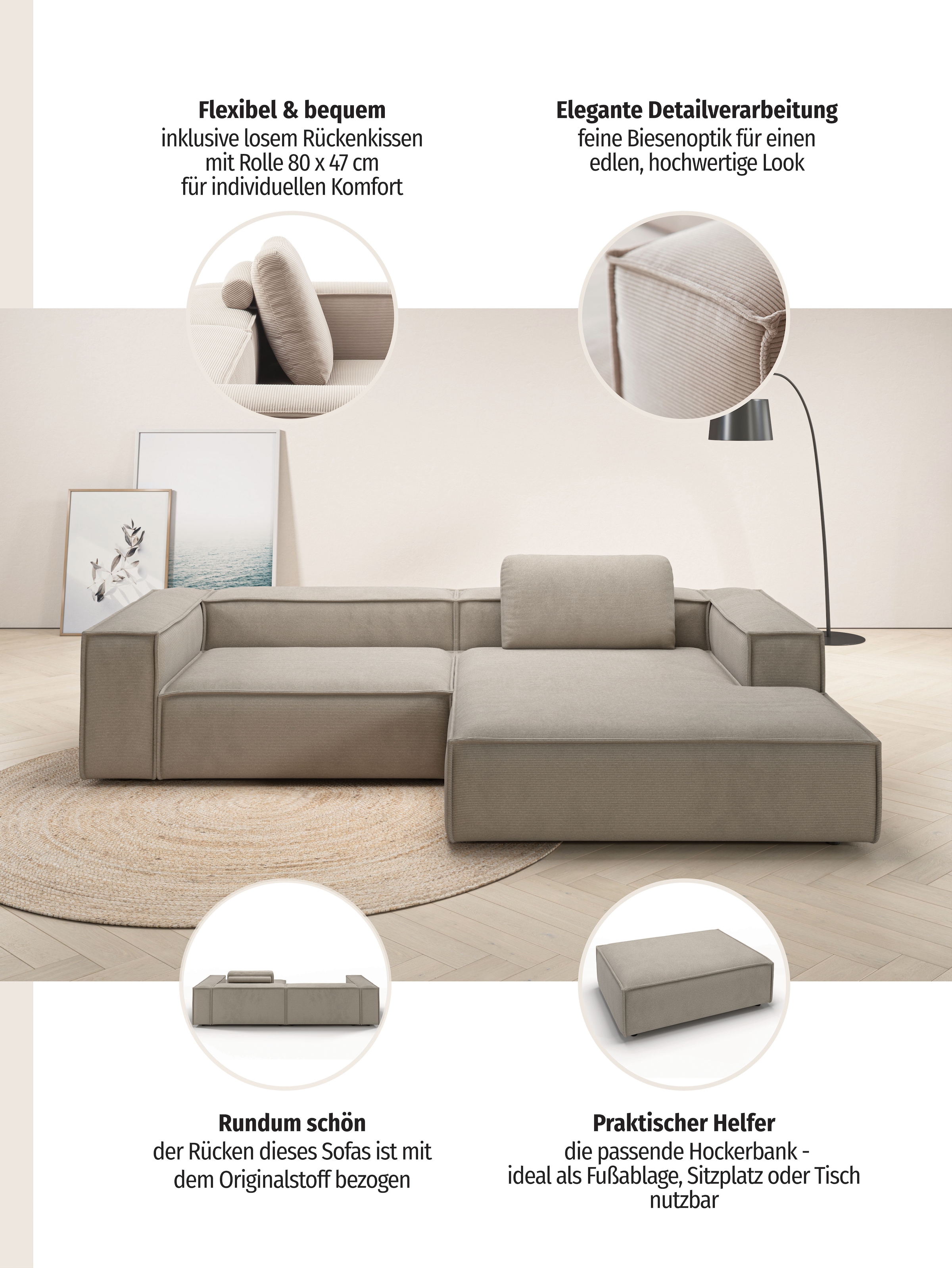 Places of Style Ecksofa »Watertown, modernes XXL L-Form, 306 cm breit«, Großzügiges Lounge-Sofa mit viel Platz für die Familie