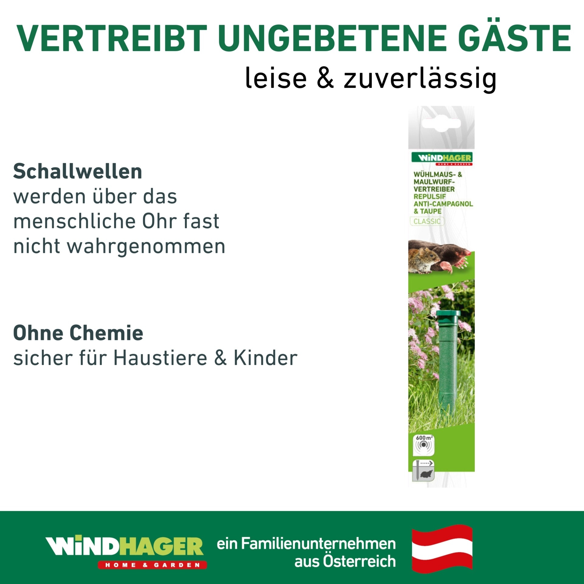 Windhager Ultraschall-Tierabwehr »Maulfwurfschreck und Wühlmausvertreiber Classic, batteriebetrieben« Wirkungsbereich 600 m² mit niederfrequenten Schallwellen