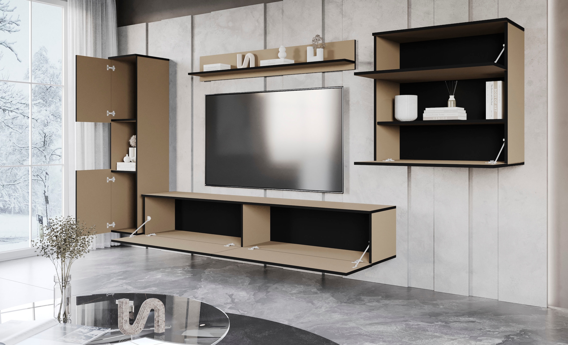 INOSIGN Wohnwand »PARIS«, (Komplett-Set, 4 St.), TV-Wand 300cm breite, grifflose Design, stehend und hängend montierbar