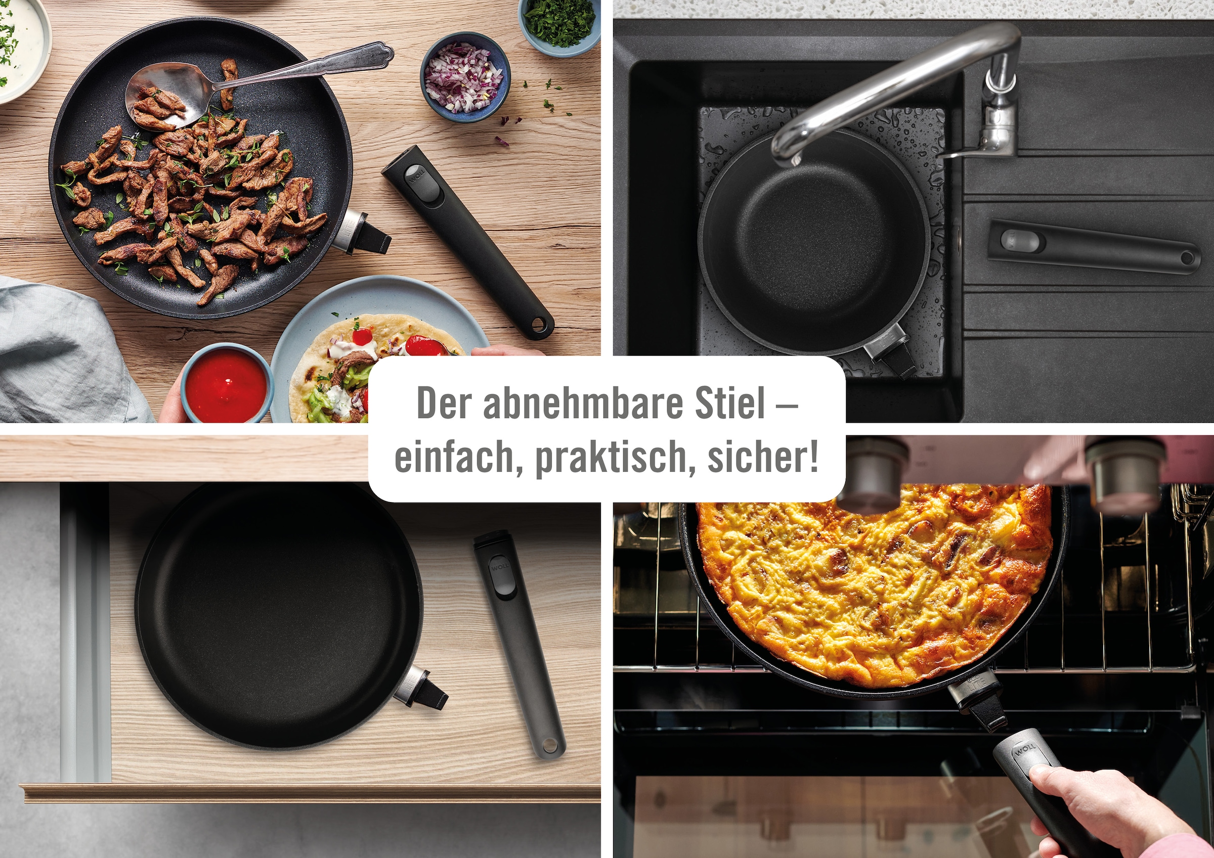 WOLL MADE IN GERMANY Wok »Ecolour Ø 24 cm inkl. Deckel« Aluminiumguss Set, 2 tlg. abnehmbarer Stiel