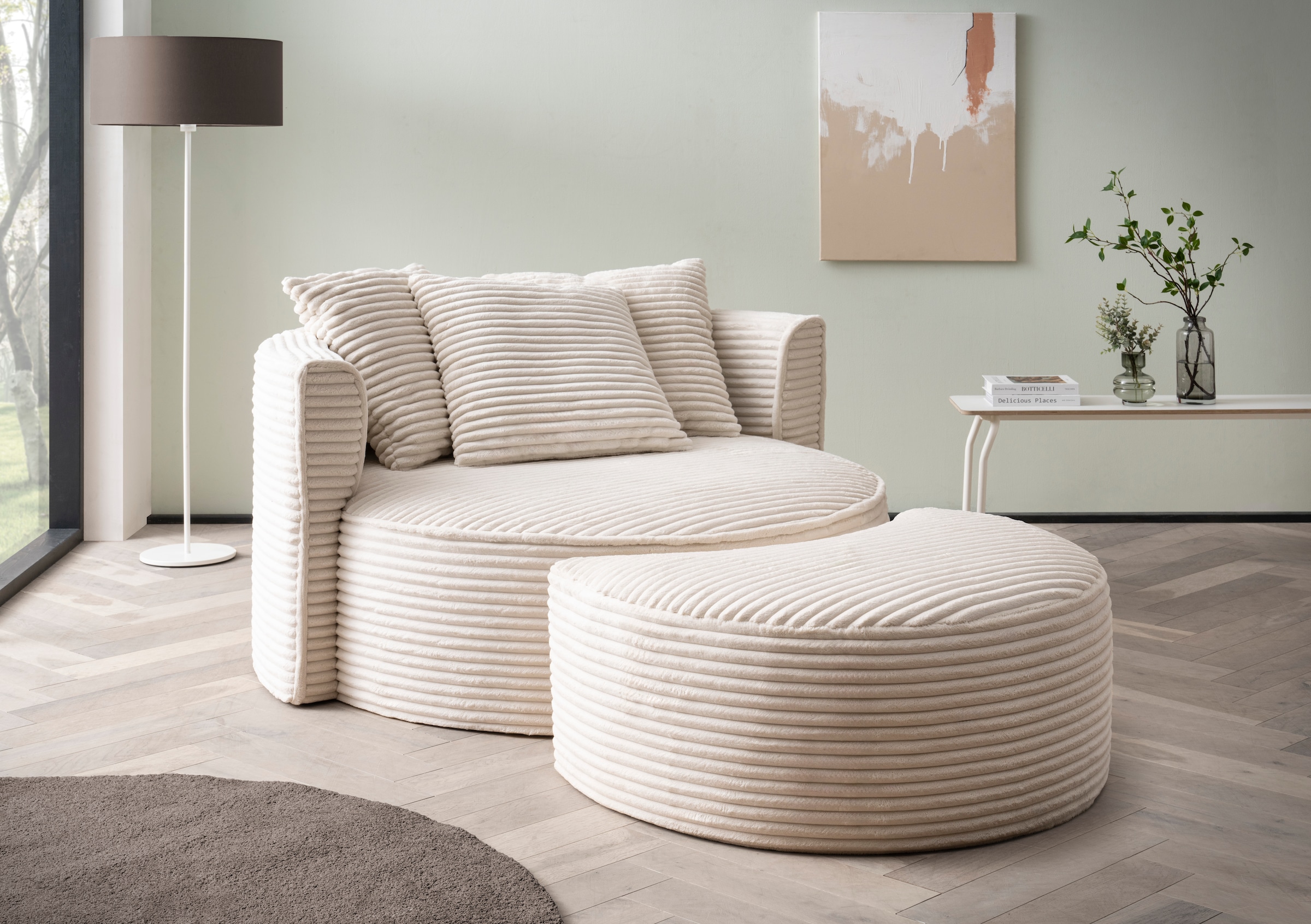LeGer Home by Lena Gercke XXL-Sessel »ISALIE, Rundsessel mit Hocker, Lesesessel, Loveseat, Big-Sessel«, (Set), trendige Stoffe, mit 3 Zierkissen, große Sitzfläche