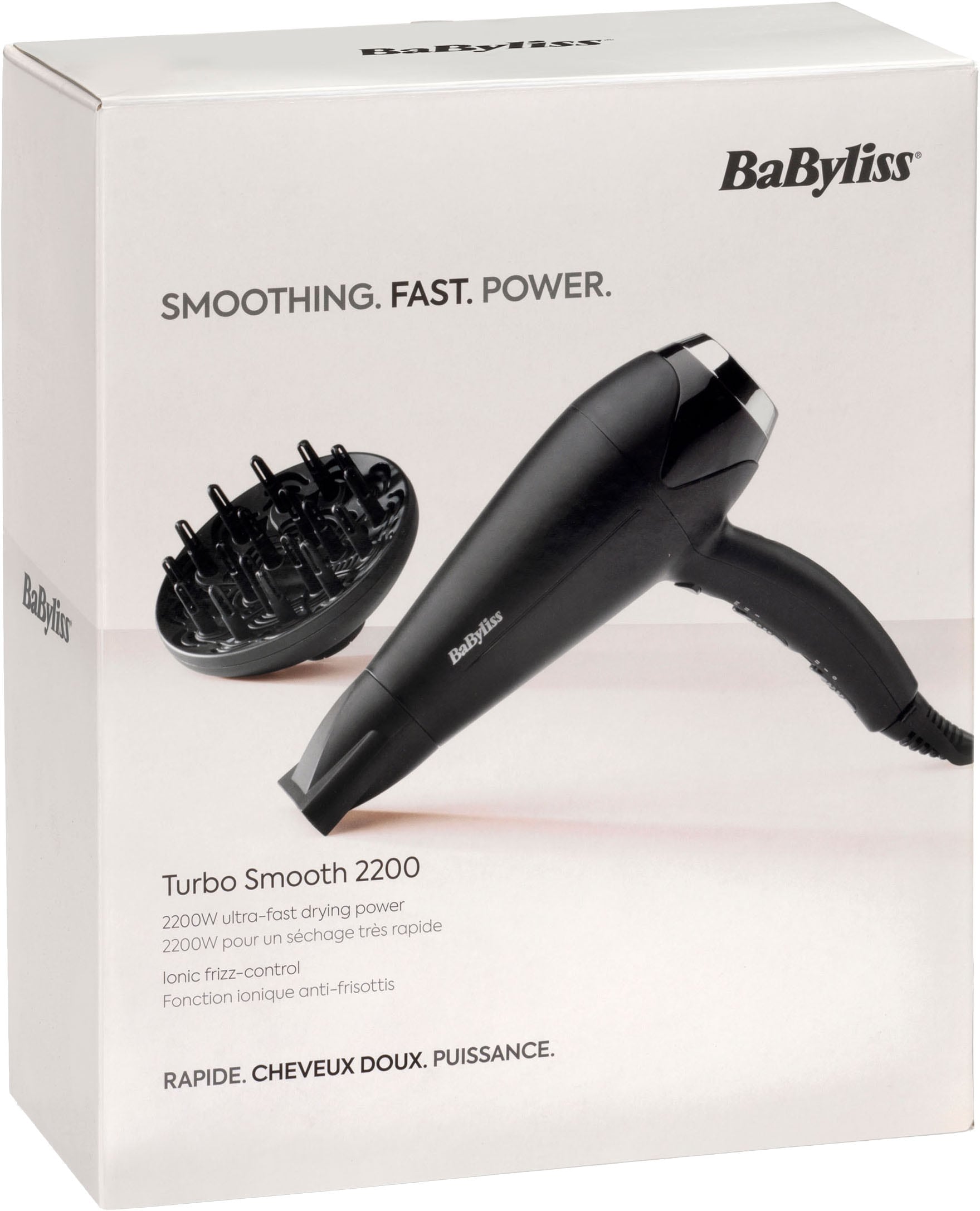 BaByliss Haartrockner »BaByliss Turbo Smooth 2200 Haartrockner, D572DE« 2.200 W 2 Aufsätze 2200W, Fön mit Ionen-Technologie, Föhn mit 2 Aufsätzen inkl. Diffusor