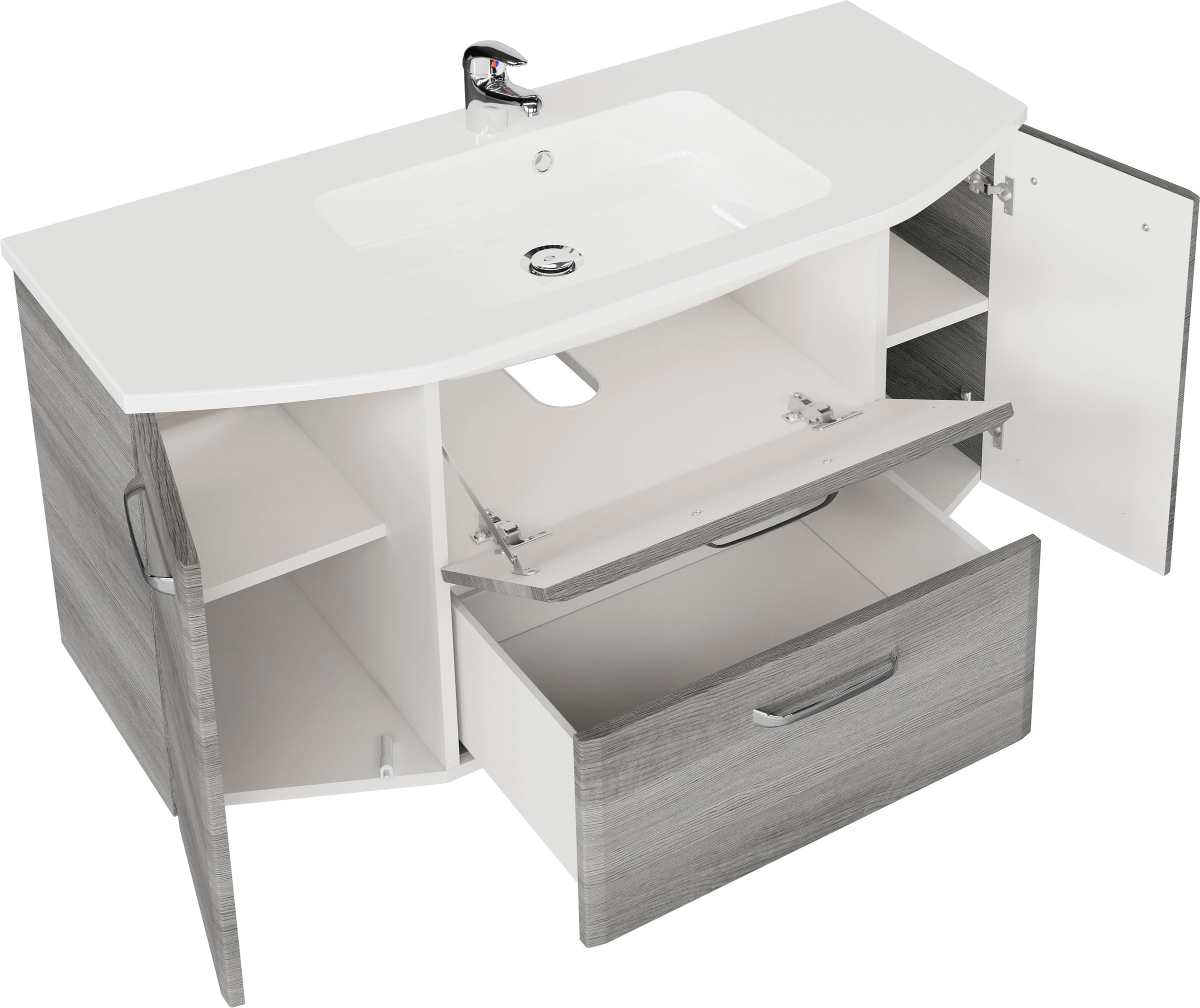 Saphir Badmöbel-Set »Quickset 4-teilig, Mineralmarmor-Waschtisch und LED-Spiegelschrank«, (5 St.), Unterschrank, Hängeschrank, inkl. Türdämpfer, 7 Türen, 1 Klappe