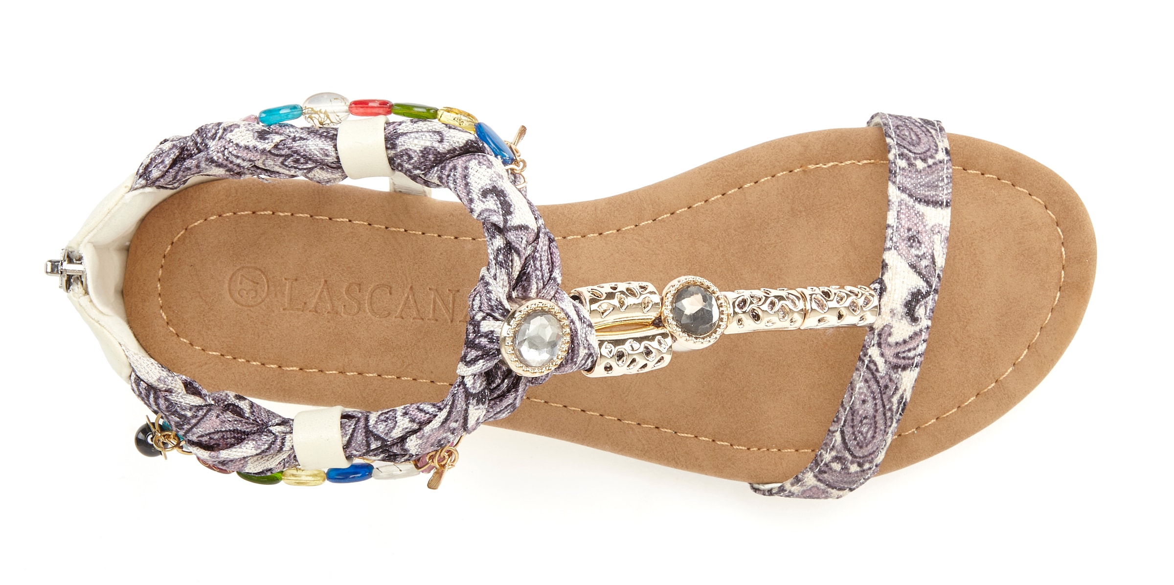 LASCANA Sandale »Sommerschuh, Sandalette,«, mit Schmuckkettchen und Schmucksteinen im Festival-Look VEGAN