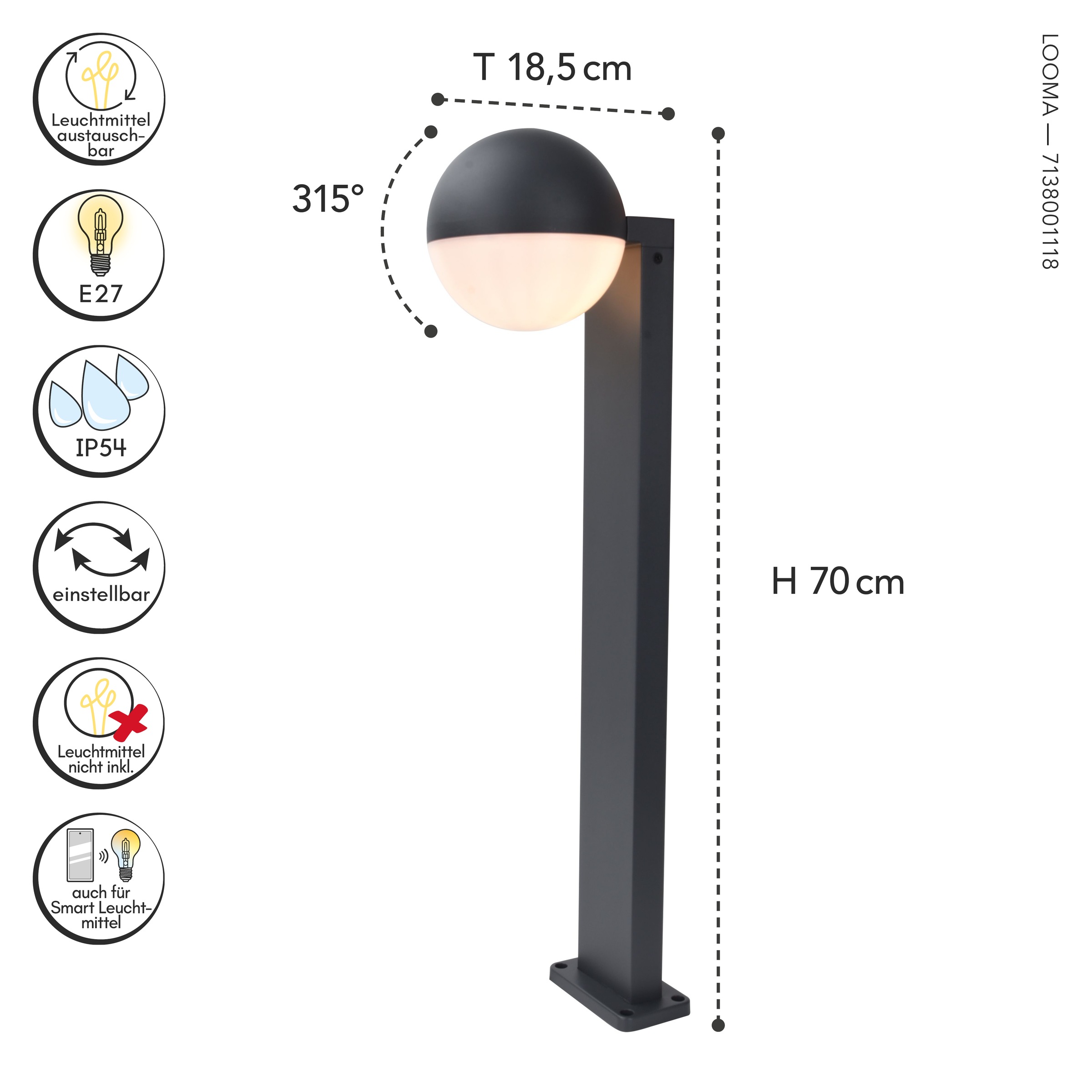 LUTEC Außen-Stehlampe »Aussenwegeleuchte LOOMA«, 1 flammig, Leuchtmittel E27 | ohne Leuchtmittel, drehbarer Kopf