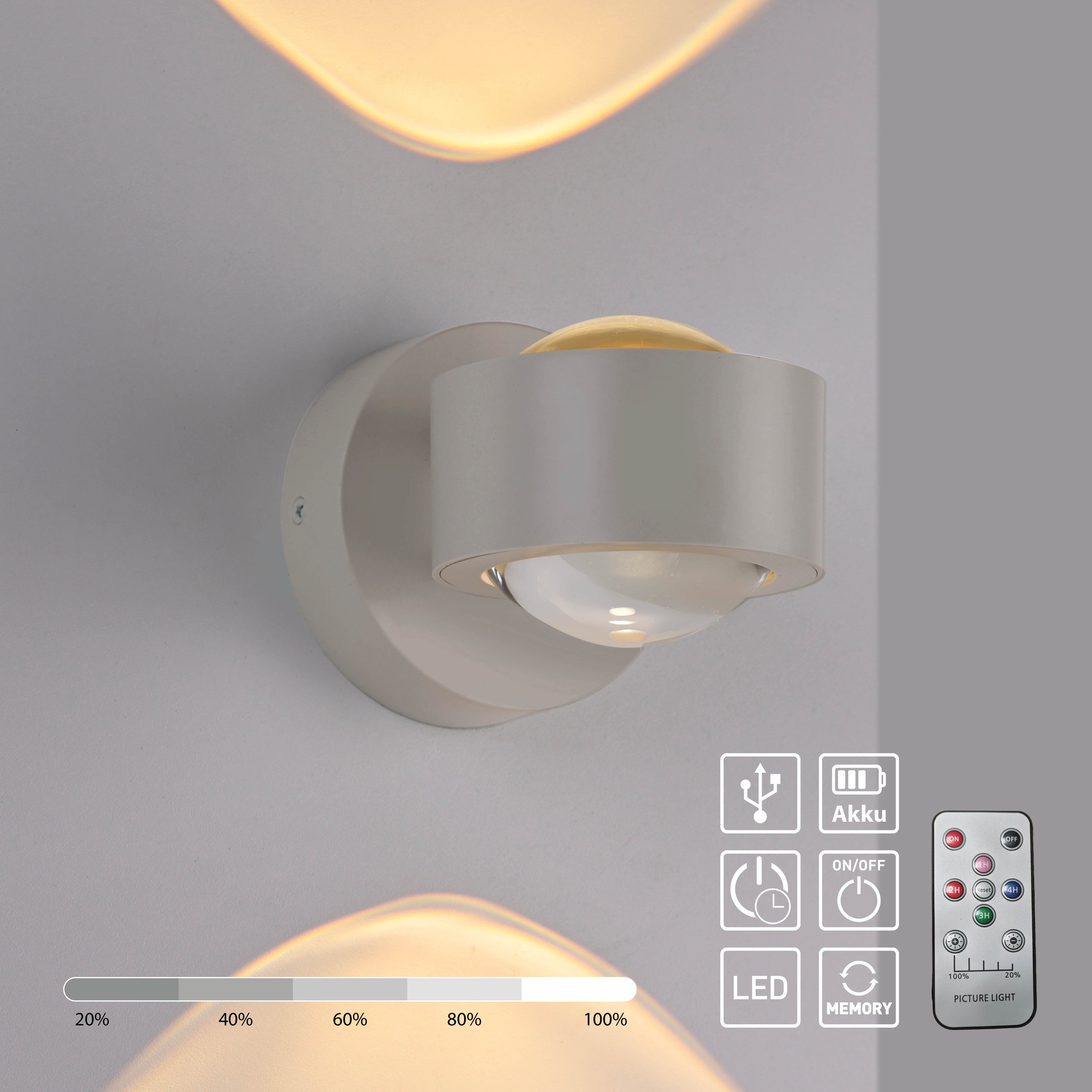 JUST LIGHT LED Wandleuchte »AKKU-CHIA« LED-Board 1 Stk. Warmweiß Akkubetrieben inkl. USB-Ladekabel, 5 Stufen Dimmung + Timerfunktion