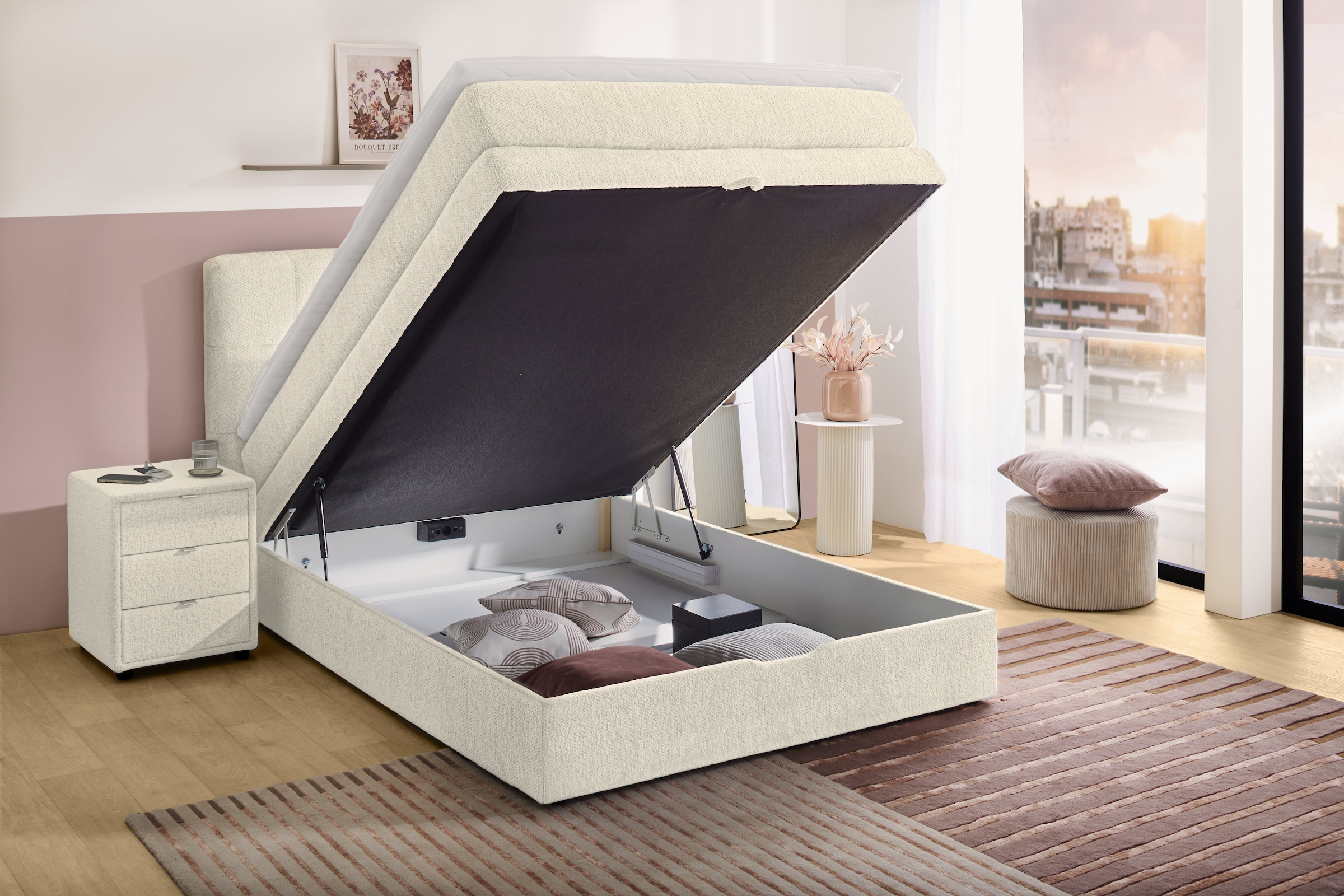 Jockenhöfer Gruppe Boxspringbett »AMY in Chenille, erhältlich in den Breiten 120cm & 140cm« mit Bettkasten und Topper