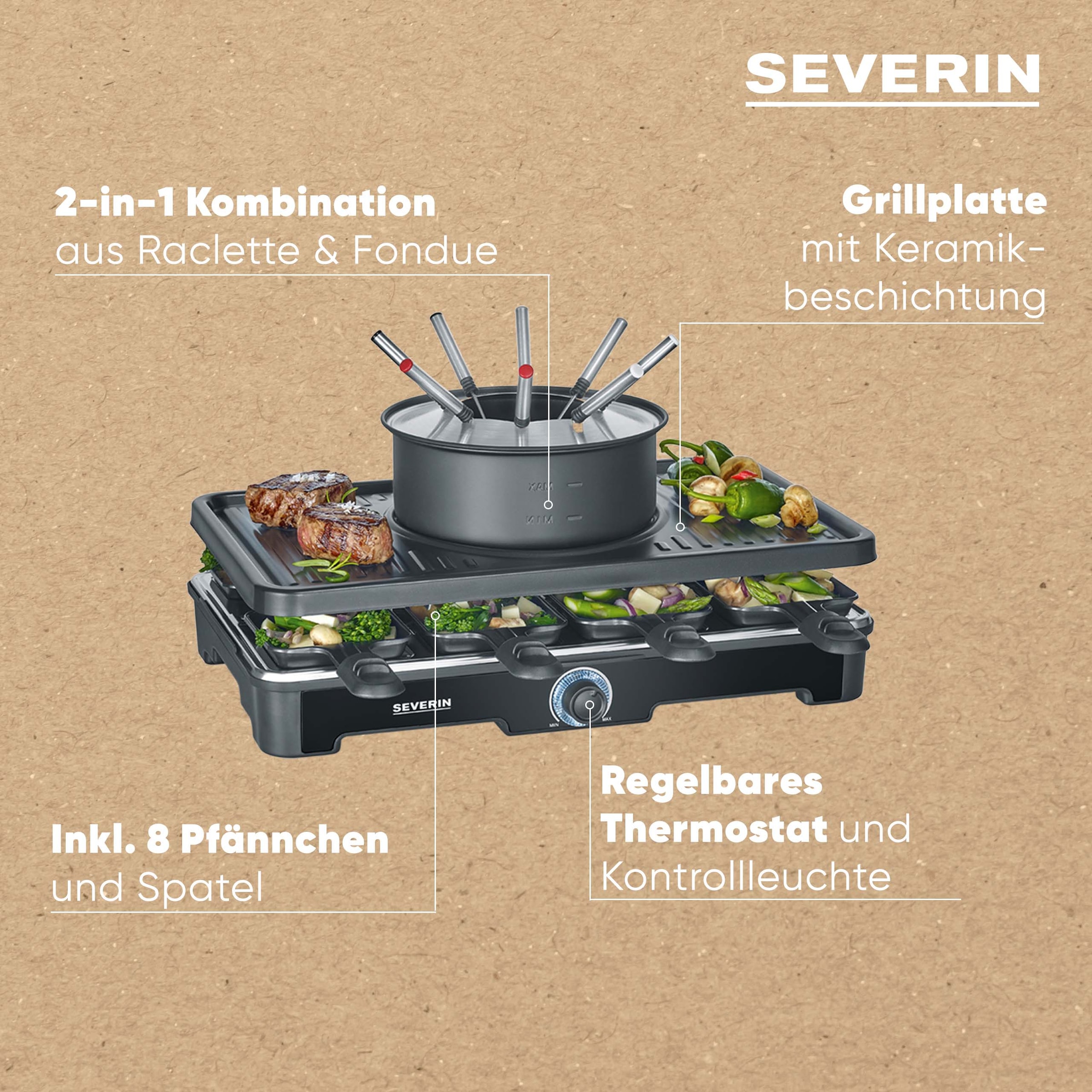 Severin Raclette und Fondue-Set »RG 2347« 8 Stk. Raclettepfännchen 1.400 W