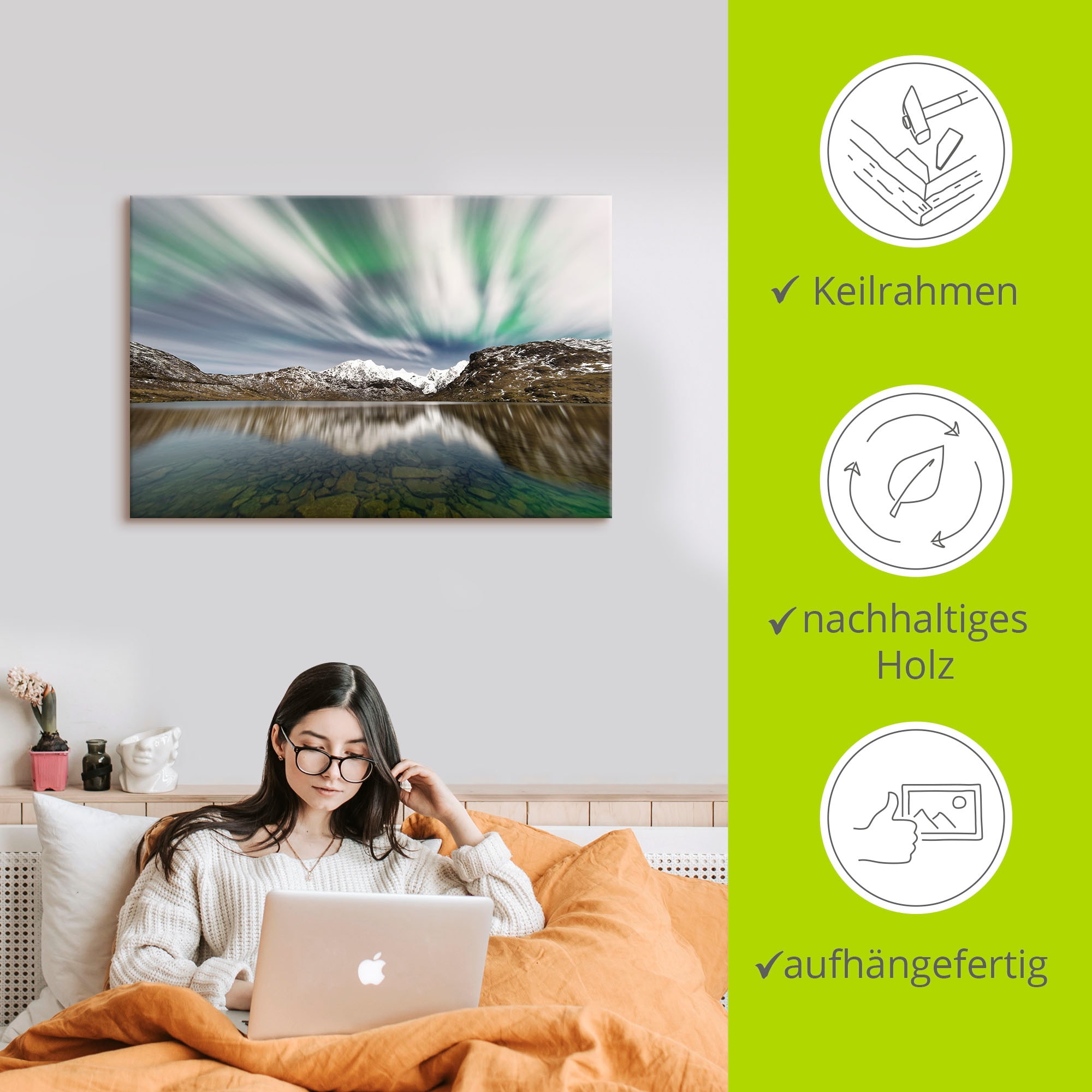 Artland Wandbild »Polarlicht über einer Bergkette«, Berge & Alpenbilder, (1 St.), als Alubild, Leinwandbild, Wandaufkleber oder Poster in versch. Größen