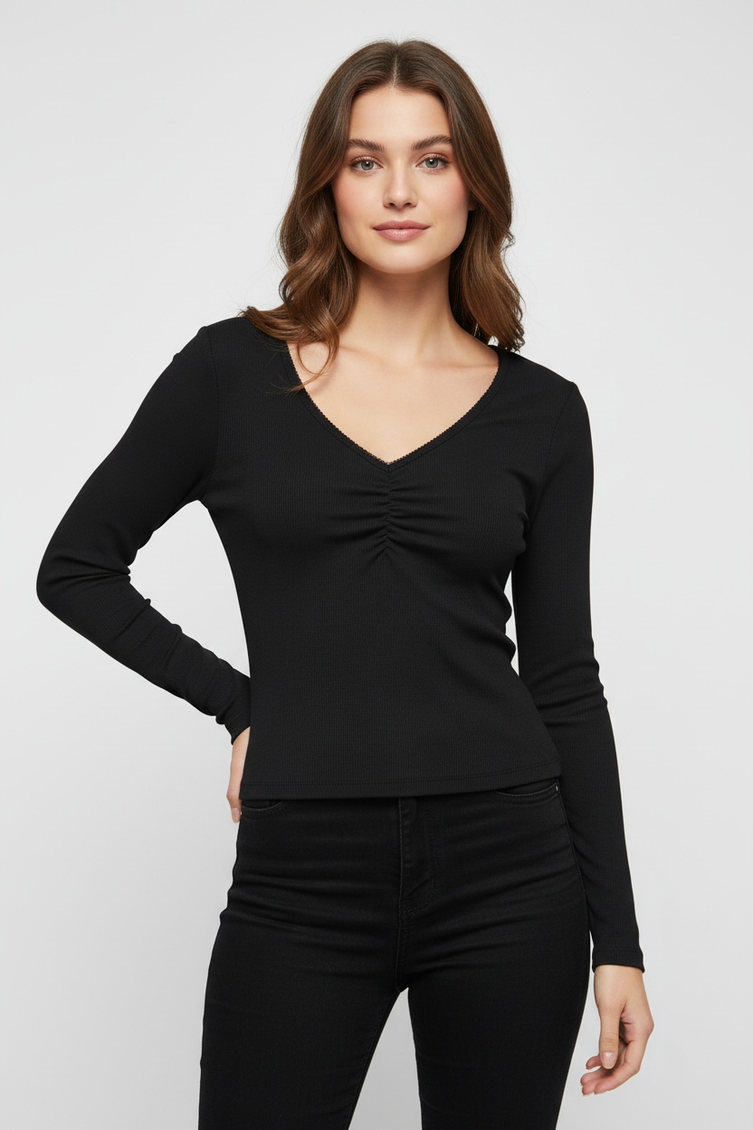 ONLY Langarmshirt »ONLBETTY LIFE L/S SCALLOP V-NECK CC JRS« mit Raffung am Ausschnitt
