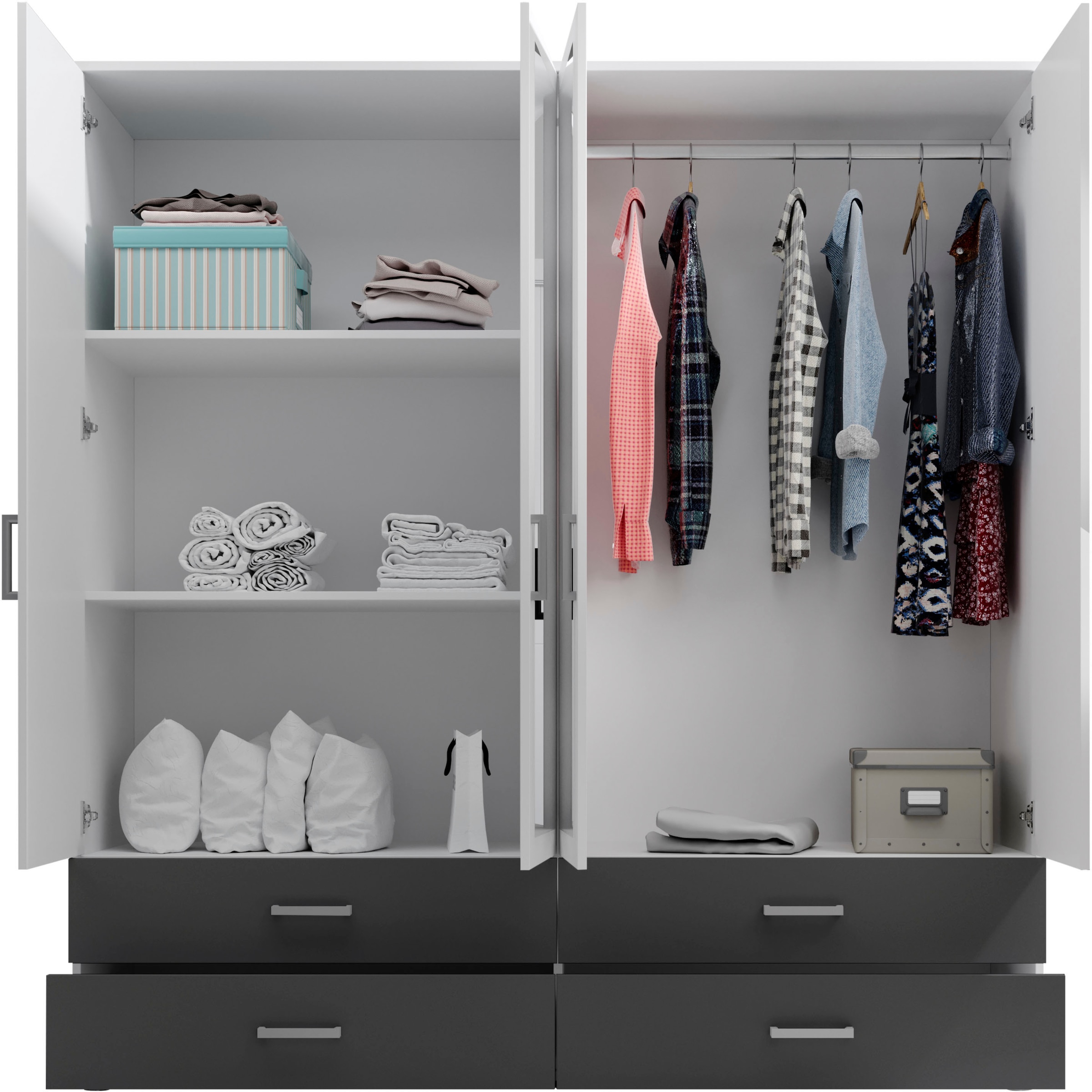 Schlafkontor Drehtürenschrank »Ivar Kleiderschrank mit Spiegel«, inklusive 2 Spiegeltüren und 4 farblich abgesetzten Schubkästen