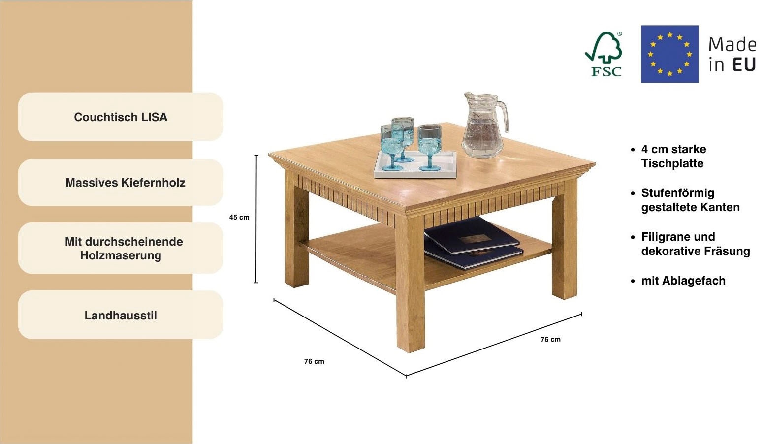 Home affaire Couchtisch »Lisa«, Kaffeetisch, massives Kiefernholz, B/T/H: 76x76x45 cm