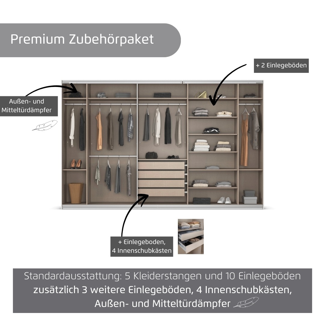 rauch Kleiderschrank »Schwebetürenschrank Garderobe Schrank TOP ANGEBOT Avola«, (in 3 verschiedenen Ausstattungen BASIC/CLASSIC/PREMIUM), mit eleganten Zierleisten in Chrom, Schwarz oder Weiß MADE IN GERMANY