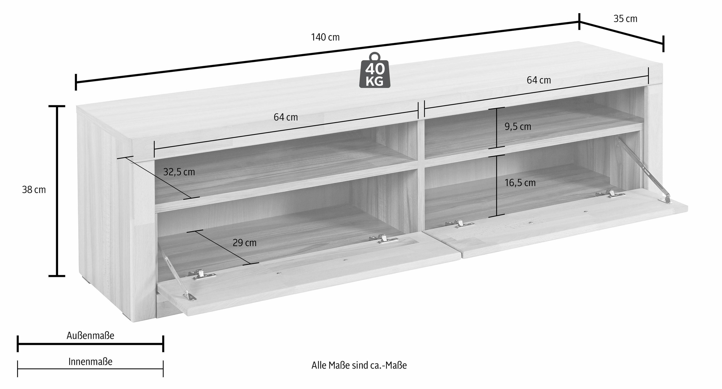 Home affaire Lowboard »Ribe,140cm breit,38cm hoch mit 2 Klappen,Oberplatte aus Massivholz«, Oberplatte Kernbuche massiv,schwarze Metall Griffe