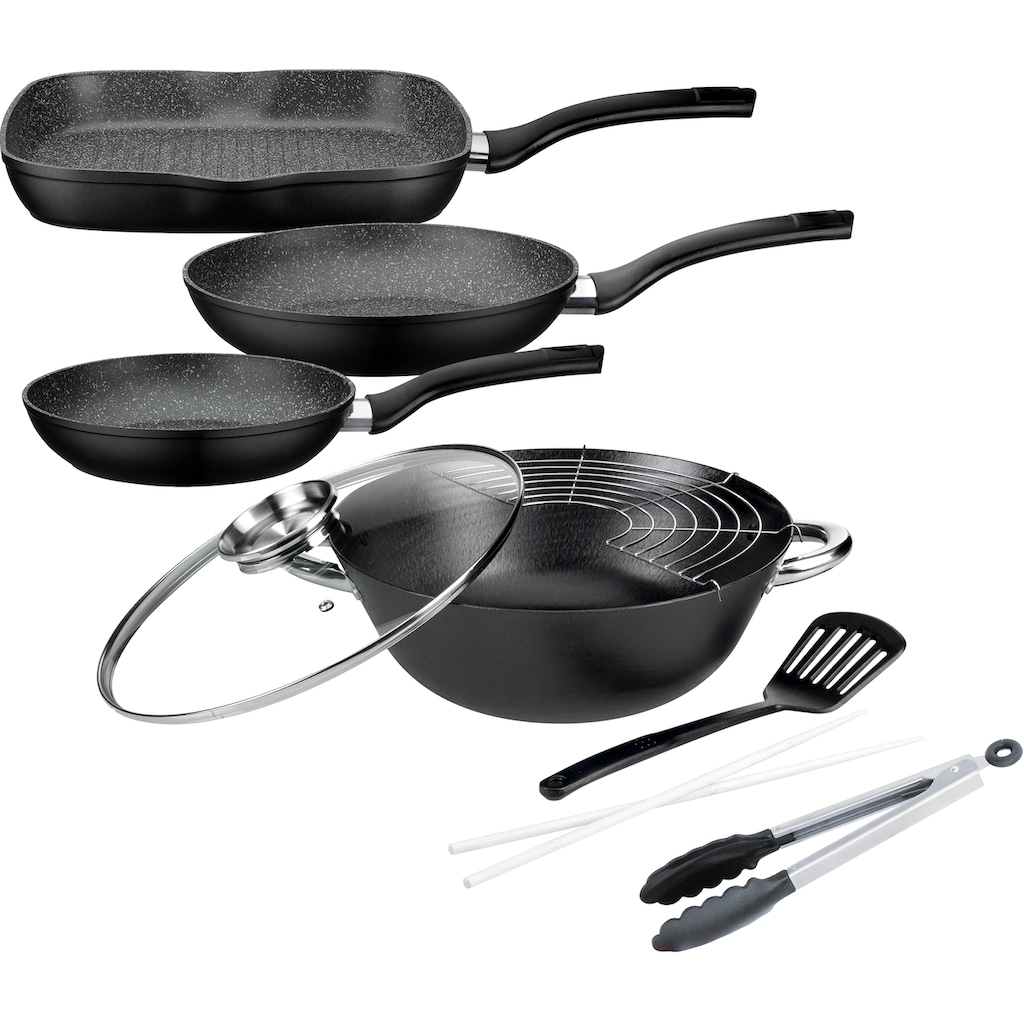 GSW Topf-Set »Gourmet Granit«, Gusseisen, (Set, 6 tlg., 1x Bratpfanne Ø 20/24 cm, 1x Grillpfanne 28 x 28 cm, 1x Wok Ø 32 cm)