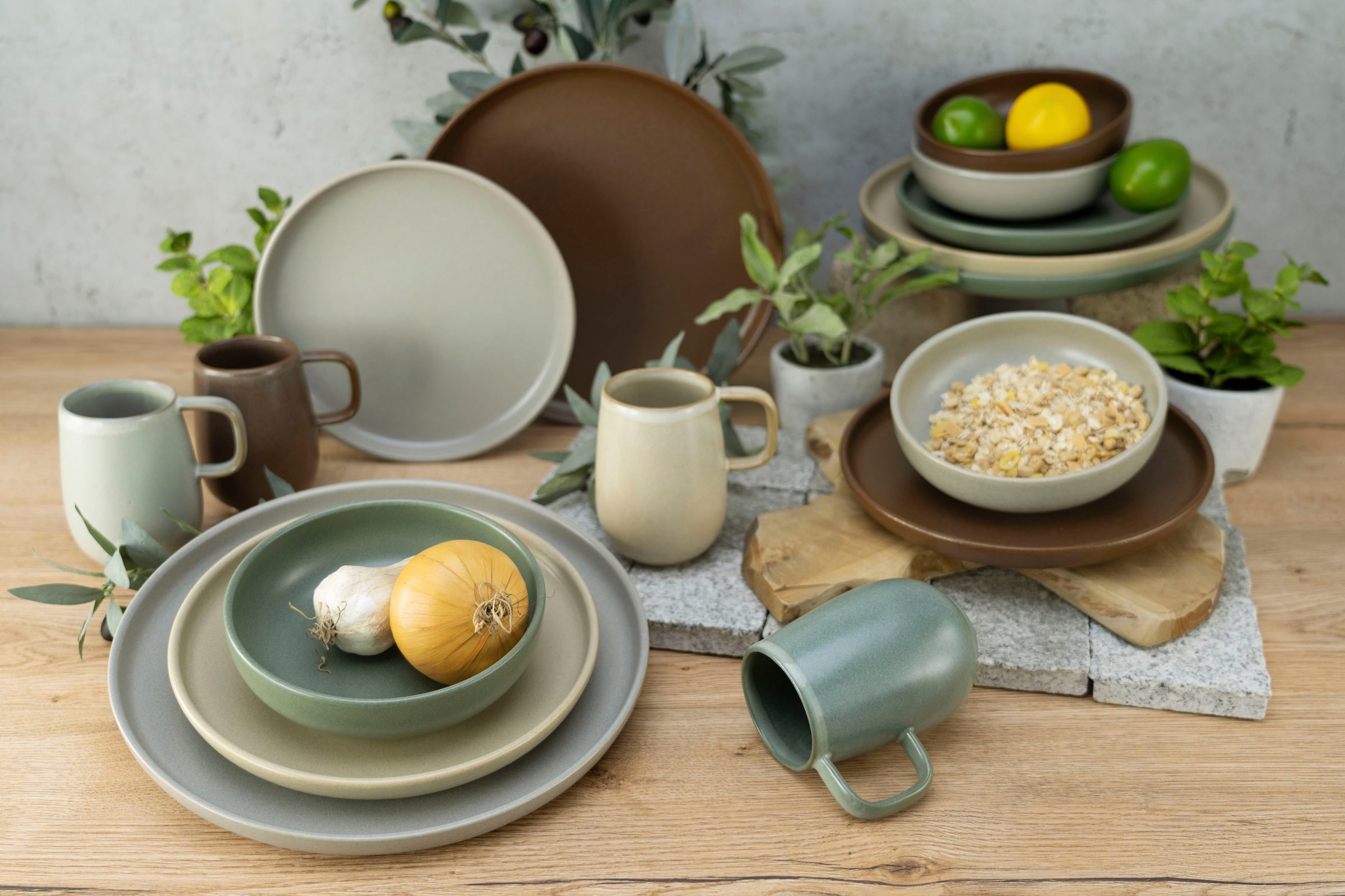 CreaTable Kombiservice »Geschirr-Set Uno Natural«, (Set, 16 tlg., Kaffeeservice und Tafelservice im Set, für 4 Personen), Service, handwerkliche Optik, 16 Teile, für 4 Personen