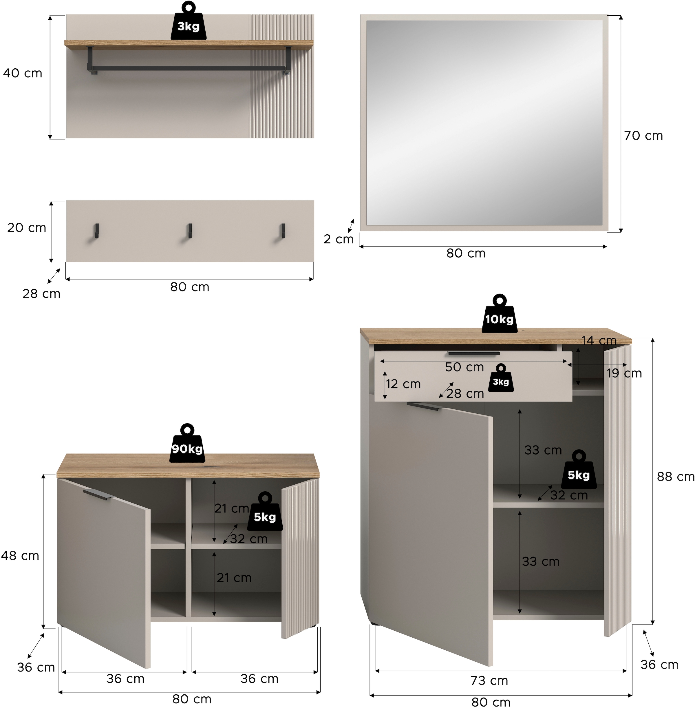 INOSIGN Garderoben-Set »EDIL, Breite 175 cm, 5-teilig, Front mit hochwertiger Längstfräsung« Set, best. aus: Sitzbank, Paneel, Hakenleiste, Kommode & Spiegel, 4 Stk. tlg.