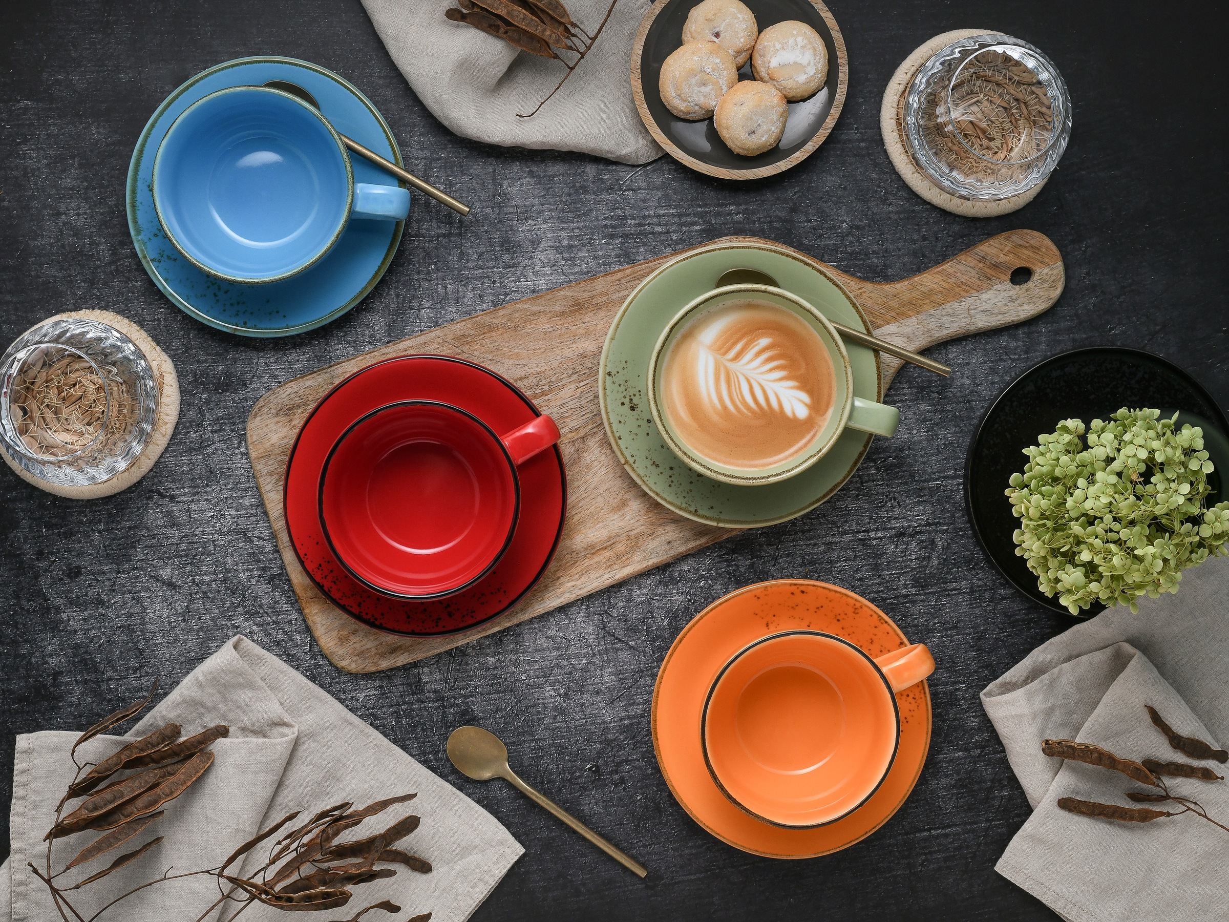 CreaTable Cappuccinotasse »Nature Collection Mediterran, Cappuccino-Set, 8-tlg.« Handwerklicher Look, Vintage