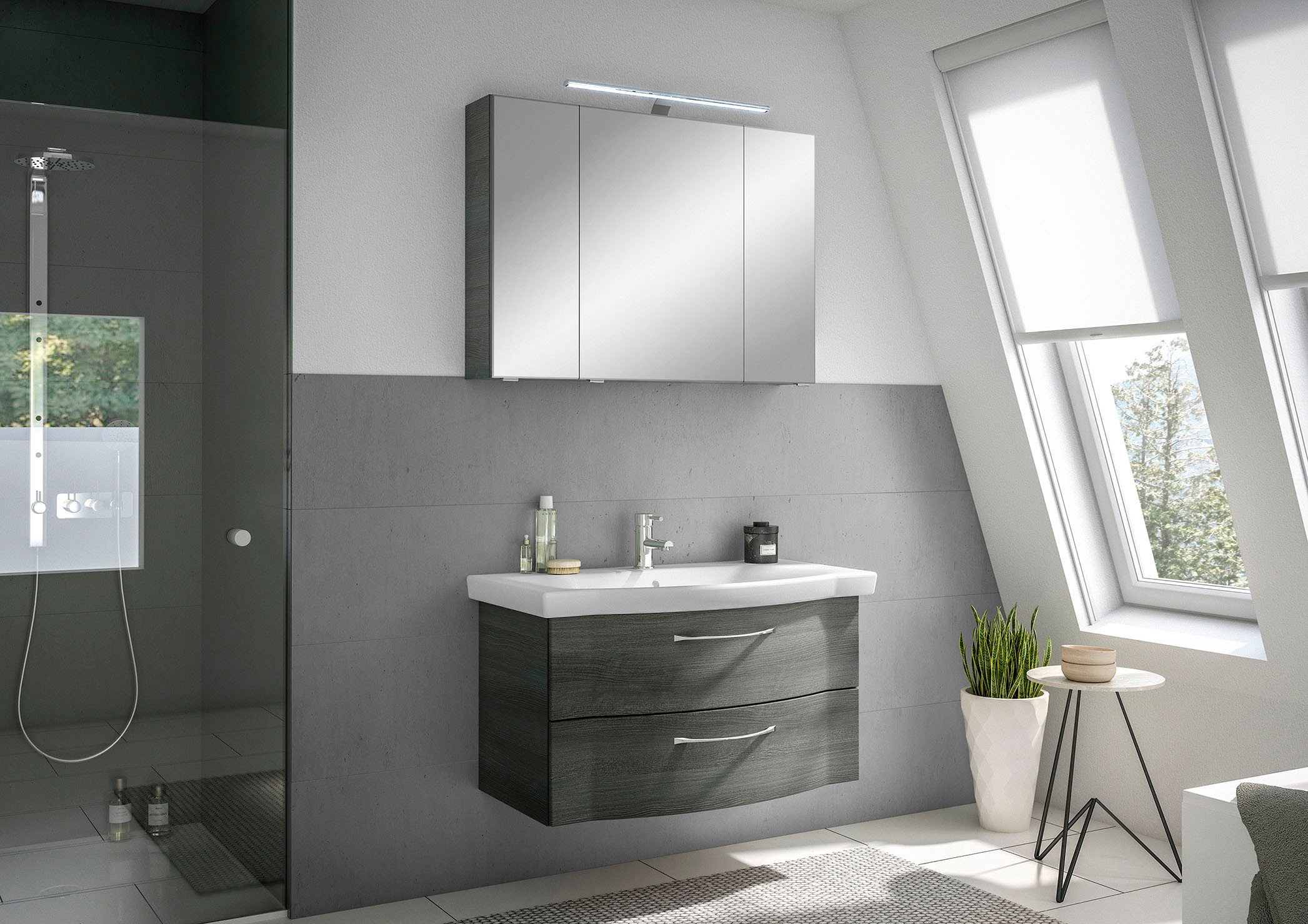 Saphir Badmöbel-Set »6005 Sprint 2-teilig, Keramik-Waschtisch mit LED-Spiegelschrank«, (2 St.), Waschplatz 98 cm breit, inkl. Türdämpfer, 3 Türen, 2 Schubladen
