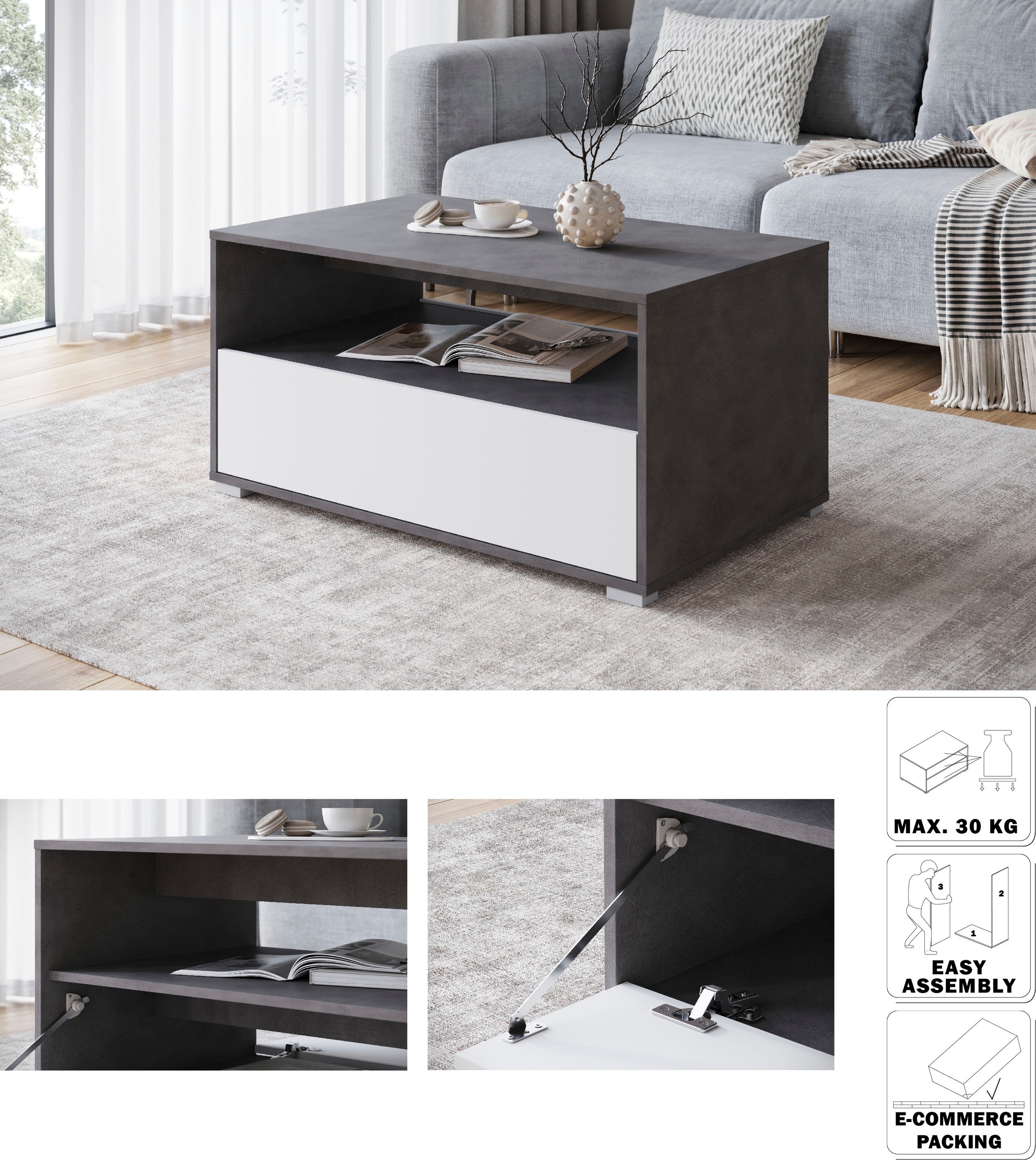 INOSIGN Couchtisch »Kenia«, (1 St.), Rechteckiger Kaffeetisch, 90x55 cm, mit offenem und geschlossenem Fach